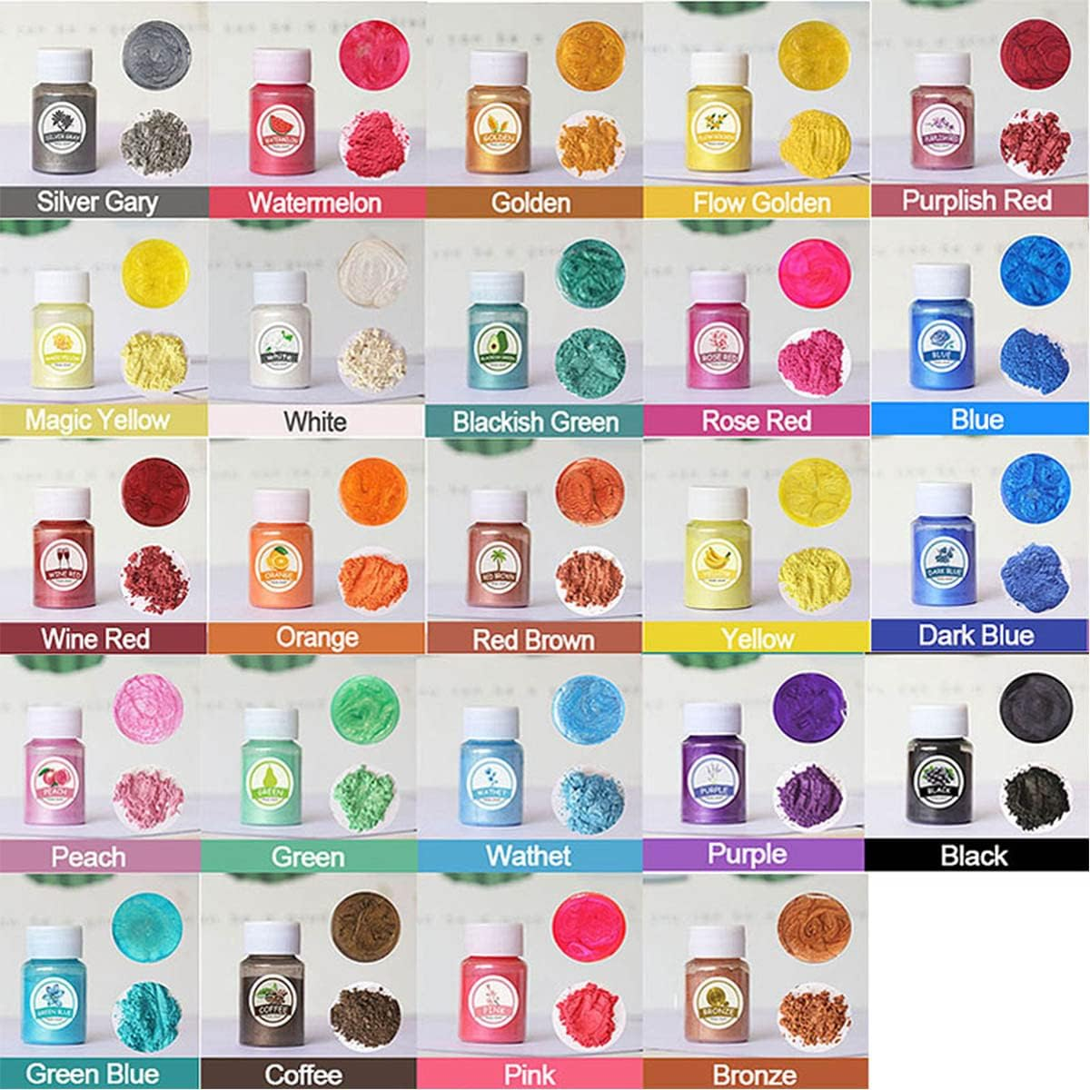 Bilnins 24 Colors Mica Powder Set (10G/0.35Oz Each) for Epoxy Resin, Soap Making, Bath Bombs, Polymer Clay, Tumblers, Makeup, Lip Gloss, Nail Art, Premium Cosmetic Grade Mica Pigment Powder Gift Box image number 4
