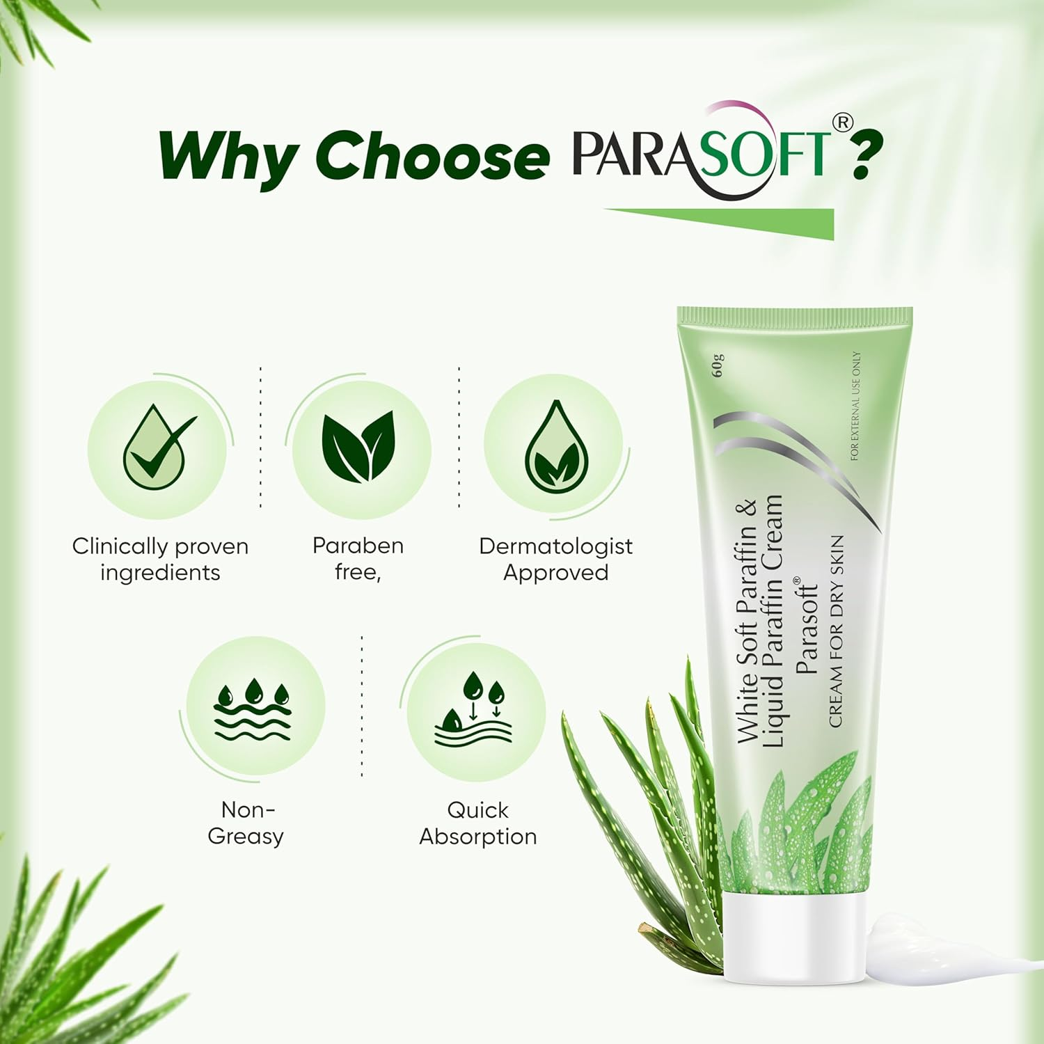 Parasoft Cream for Dry & Dehydrated Skin Intense Moisturizer Nourishing Cold Cream & Winter Cream Goodness of Aloe Vera for Both Men & Women Quick Absorbing & Non-Greasy Paraben Free- 60GM (Pack of 2)