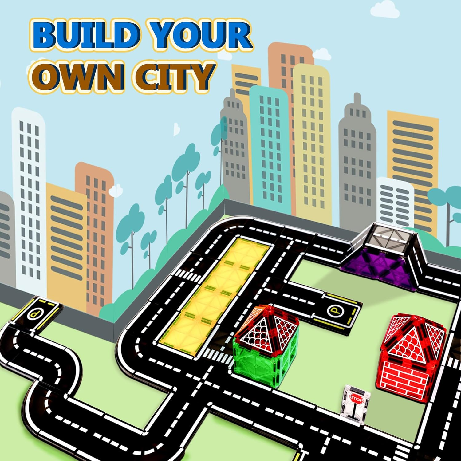 OMIPAWZ Magnetic Road Tiles Set, STEM Magnet Building Blocks Toys for Kids Age 3-8 image number 2