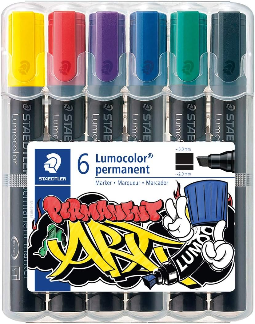 Staedtler 350 WP6-1 Lumocolor Permanent Markers with Chisel Tip, Assorted (Pack of 6) image number 4