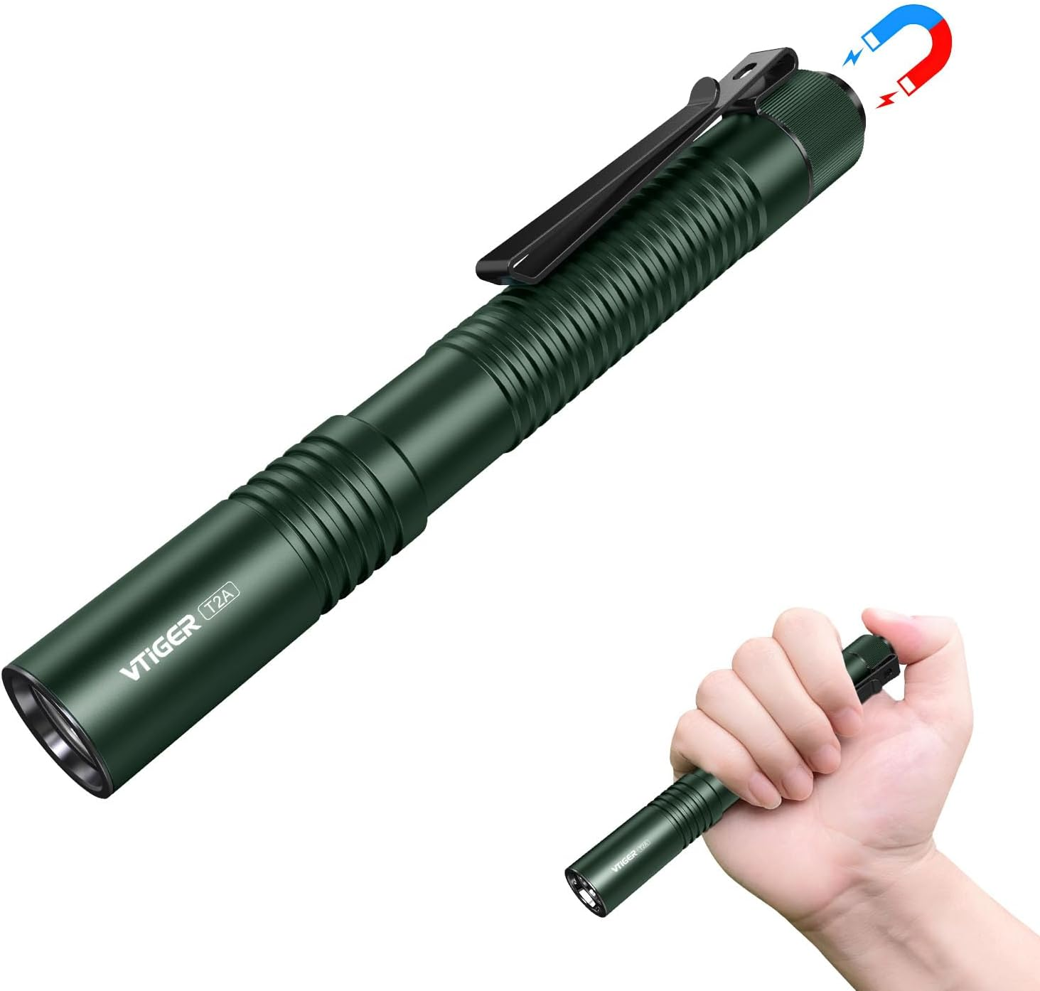 VTIGER T2A Compact EDC Flashlight,1500 High Lumens AA Rechargeable LED Flashlight, Super Bright Small Tactical Tail Switch Pocket Flash Light with Magnet for Camping,Hiking,Outdoor,Home,Emergency