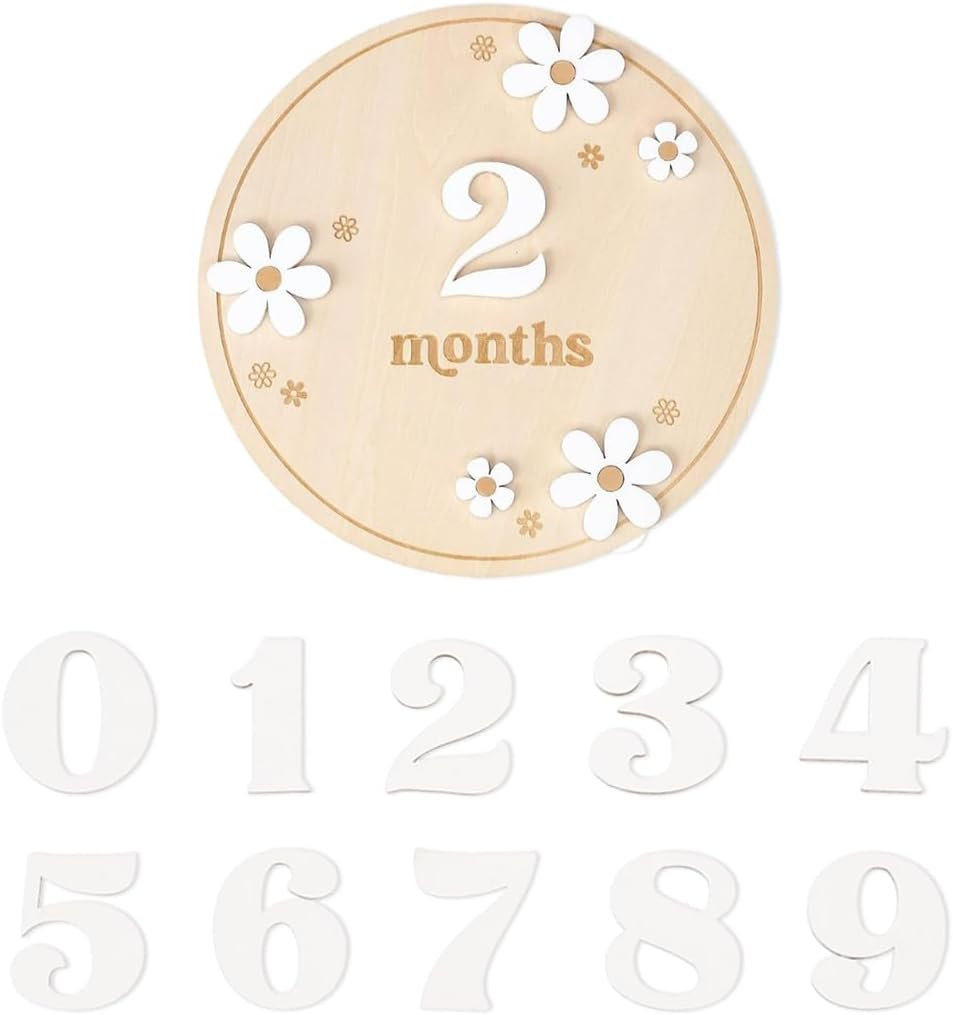 1 Set Baby Monthly Milestone Cards with Adhesive Dots, Flower Style, Wooden Photo Props for Toddlers from 0-12 Months, Baby Shower Growth Record