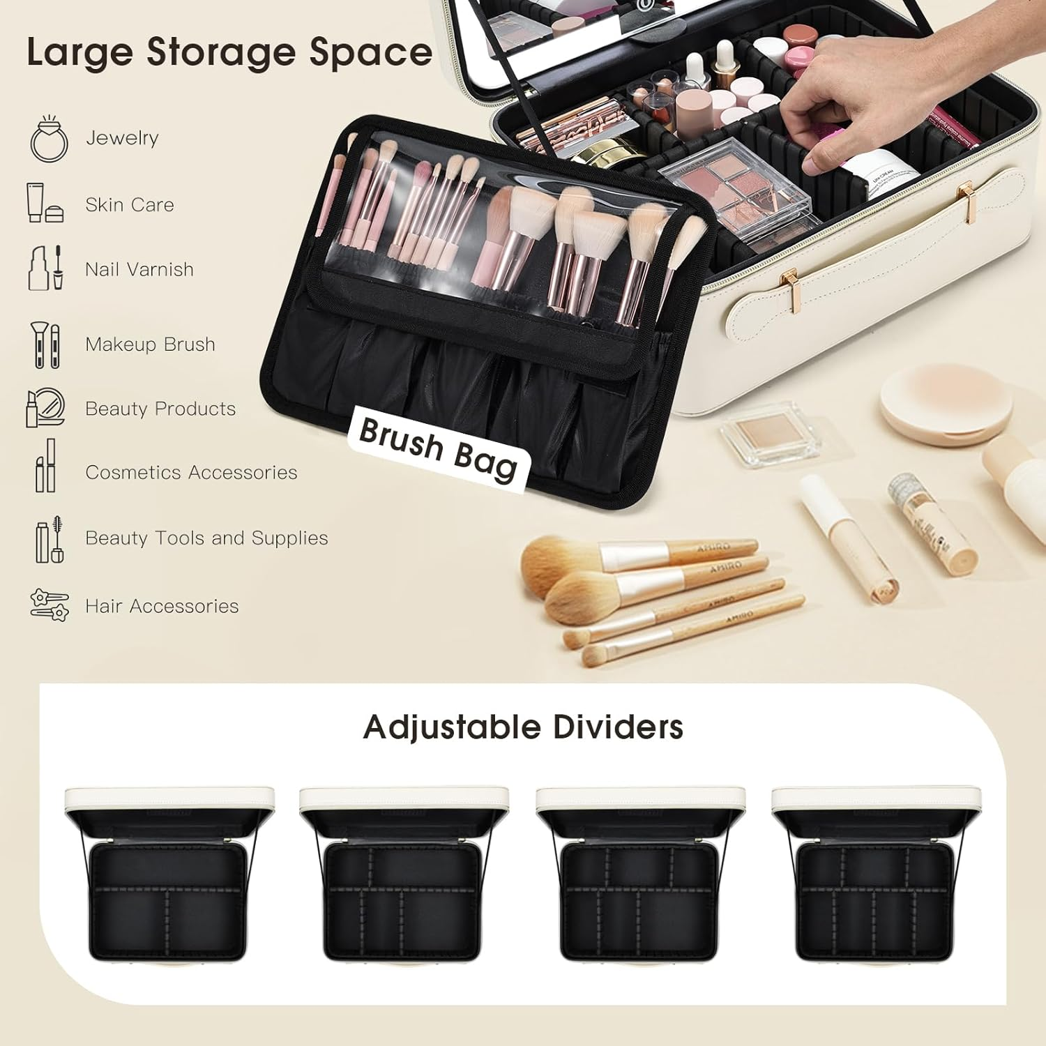 Large Makeup Case with LED Mirror Vanity Case Removable Light up Mirror PU Leather Portable Makeup Artist Carry Vanity Box with Dividers Makeup Brush Holder, White, Minimalist image number 3