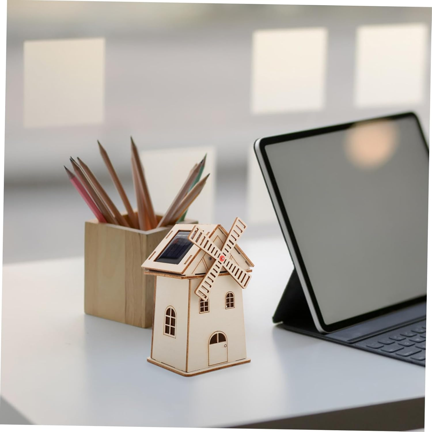 CIYODO Solar Windmill Science Model Wooden Windmill House Prop Kids Science Toy Solar Powered House Toy Model Unfinished Windmill House Prop Assembly Solar Power Toy image number 1