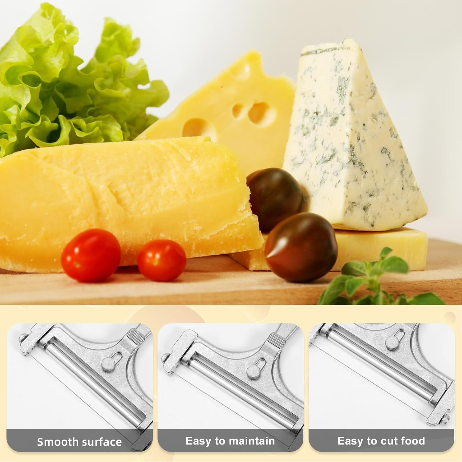 Lasuroa Cheese Cutter, Stainless Steel Cheese Slicer with 4Pcs Extra Wires Adjustable Handheld Butter Block Cutter for Cheddar Gruyere Mozzarella Kitchen Slicing Tools image number 1