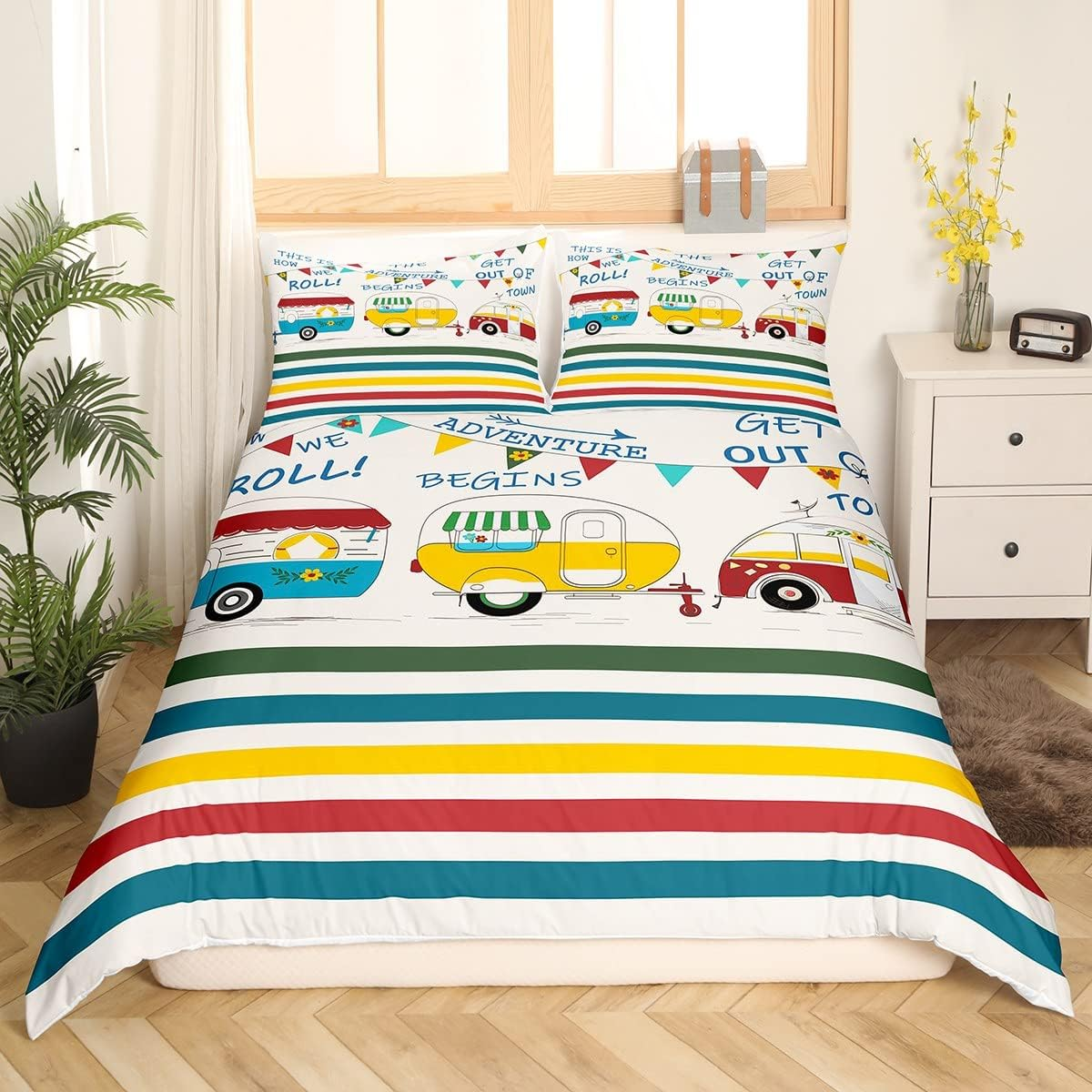 Camper Bedding Set 155 X 220 Cm for Children - Rustic Cabin Camping Duvet Cover, Colourful Striped in Country House Style - Vintage Wooden Board Happy Camping Decoration