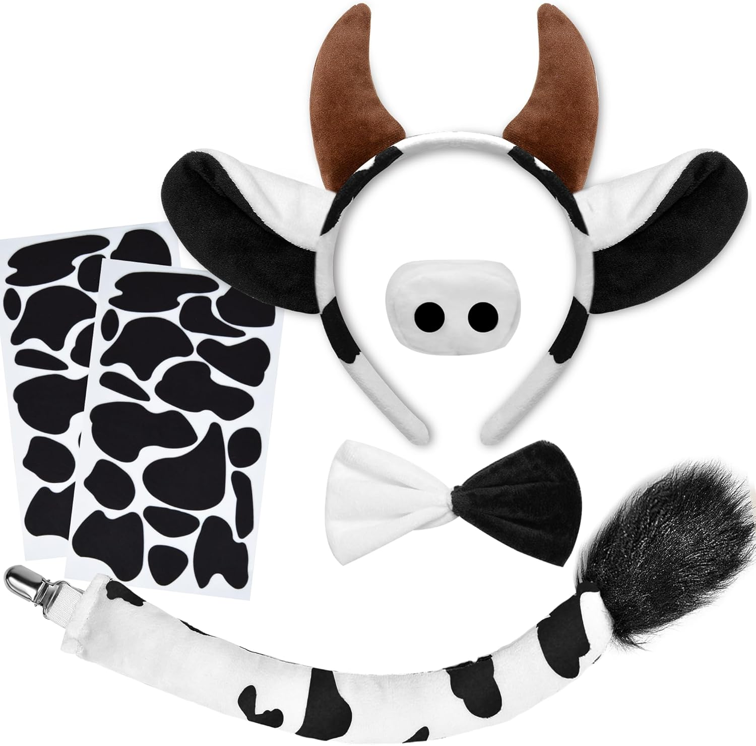 U-Zomir Cow Costume Set, Cow Ears Headband Nose Bow Tie Tail and 51Pcs Adhesive Felt Pads for Halloween Cosplay DIY Dress Up