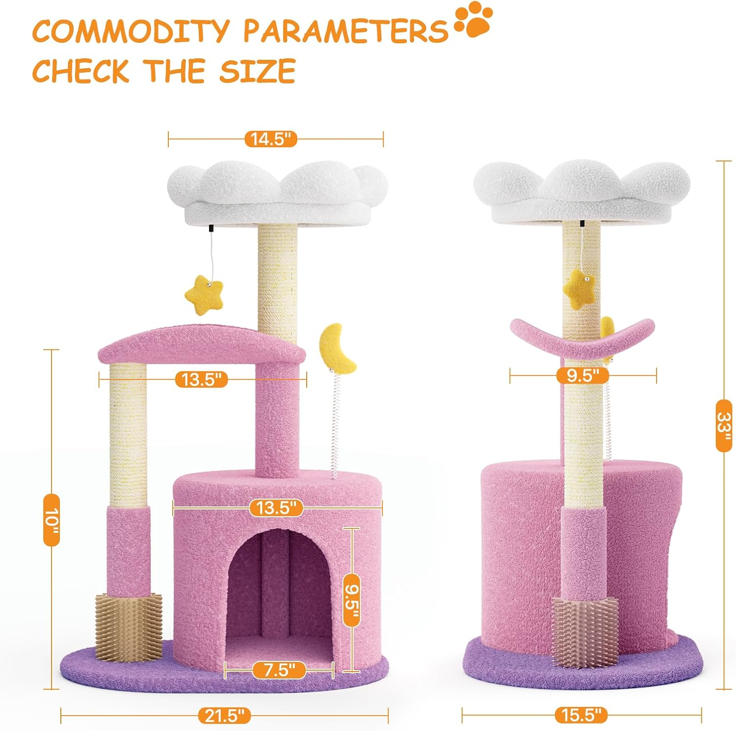 Athena Collection Small Cat Tree Condo with Sisal Scratching Post, 33 Inch Modern Cute Flower Cat Tree Tower with Cozy Perch Toy Ball for Indoor, Kittens, Purple image number 7