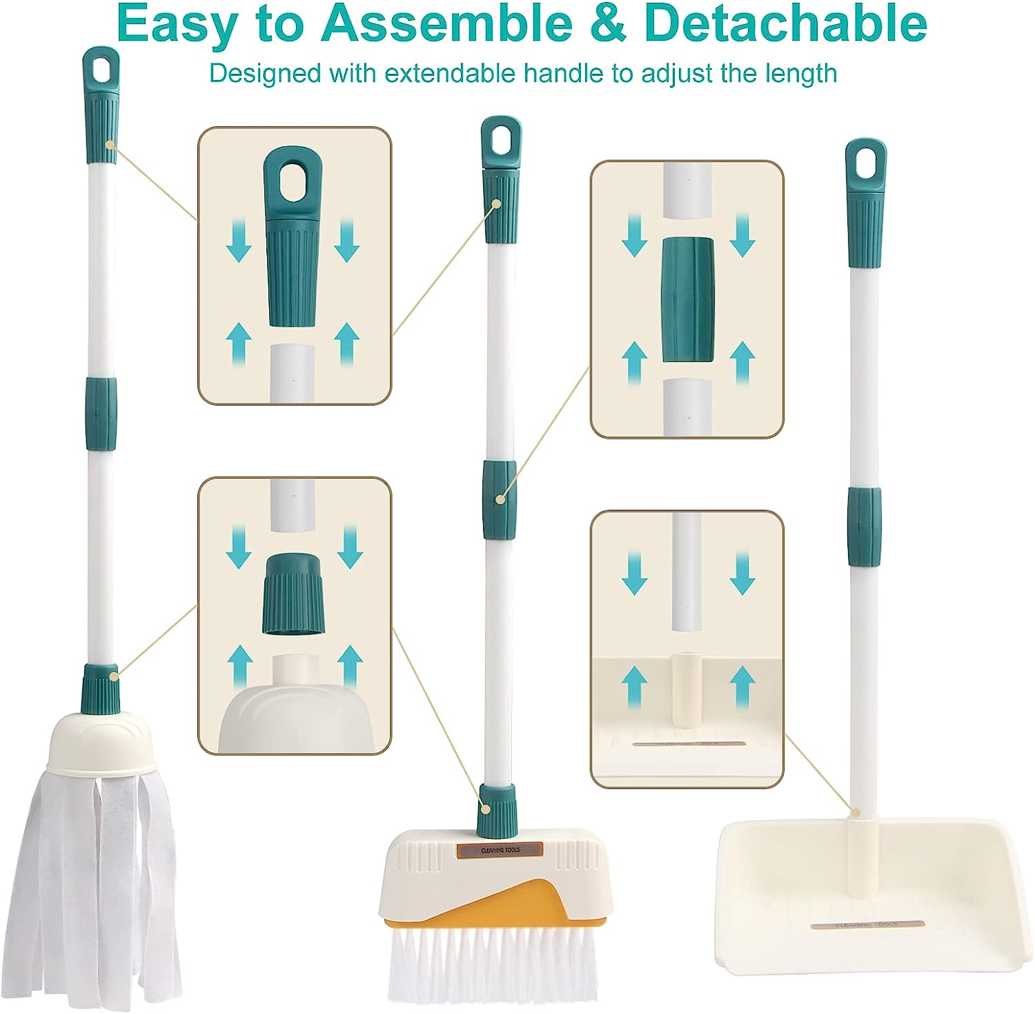 Detachable Kids Cleaning Toy Set - Broom, Mop, Dustpan, Brush, Rag Play, Housekeeping Kit, STEM Really Clean Toys Girls & Boys