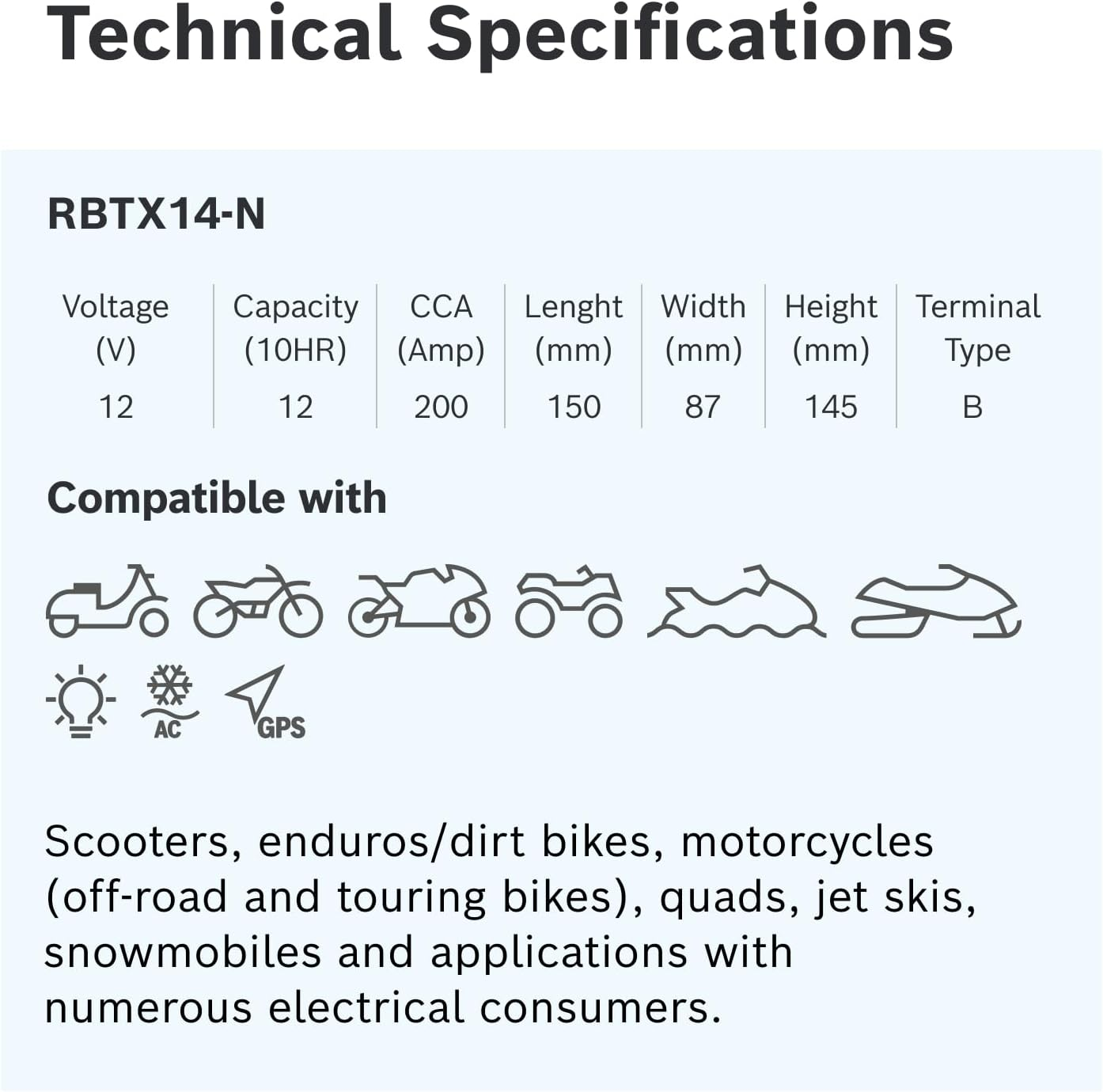 Bosch AGM Motorcycle Battery, Powersport Battery M6 RBTX14-N Mega Power Ride - 12V, 12 A/H Rate, 200 CCA, Lead-Acid for Two-Wheeler Vehicles, Type B, Left (+) Right (-), 150 X 87 X 145 Mm image number 1