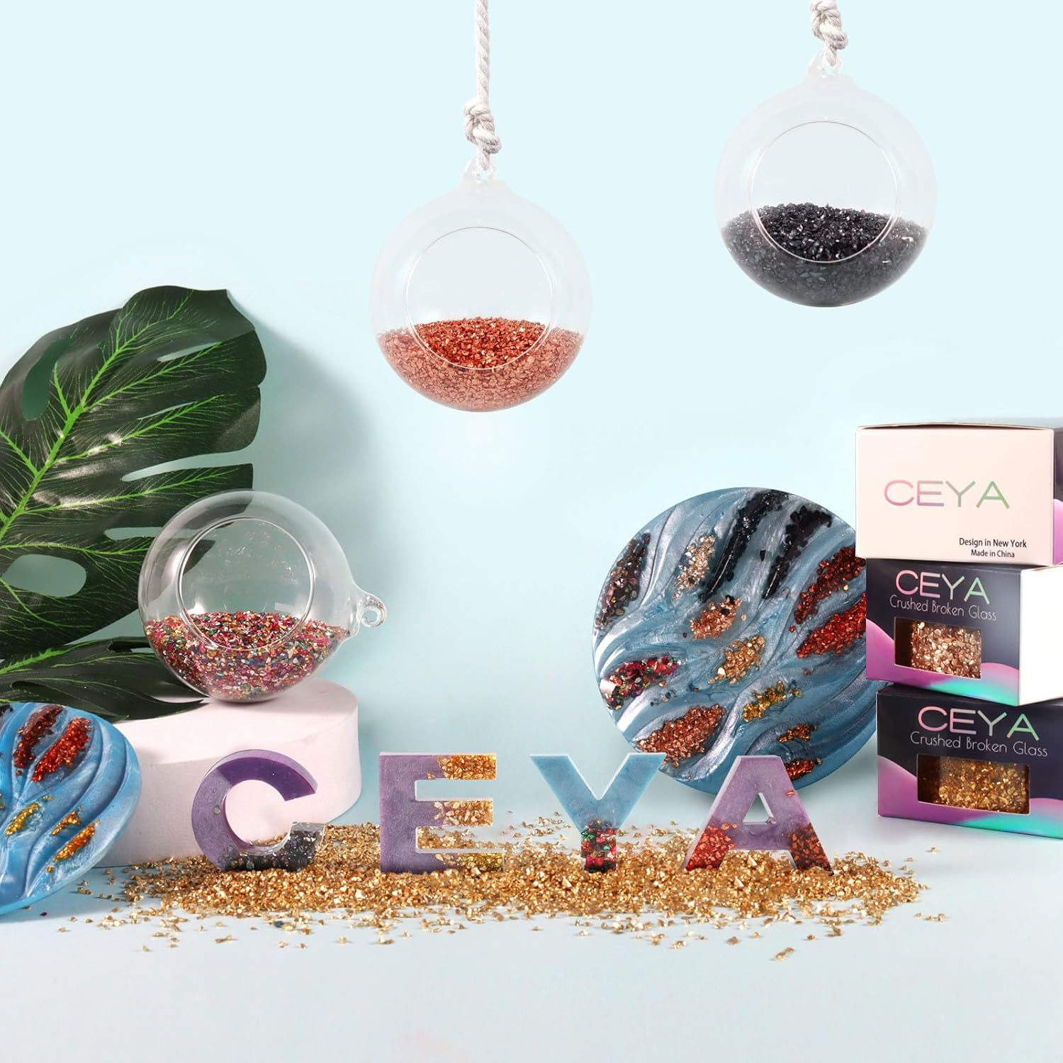 Ceya 5.3Oz/ 150G Crushed Irregular Glass Pale Lilac Metallic Crystal Chip Broken Glass Chips Glitter 2-4Mm Craft Chunky Glitter for Nails Art Epoxy Resin Mold Coasters Ornament Painting Geode - Gold image number 4