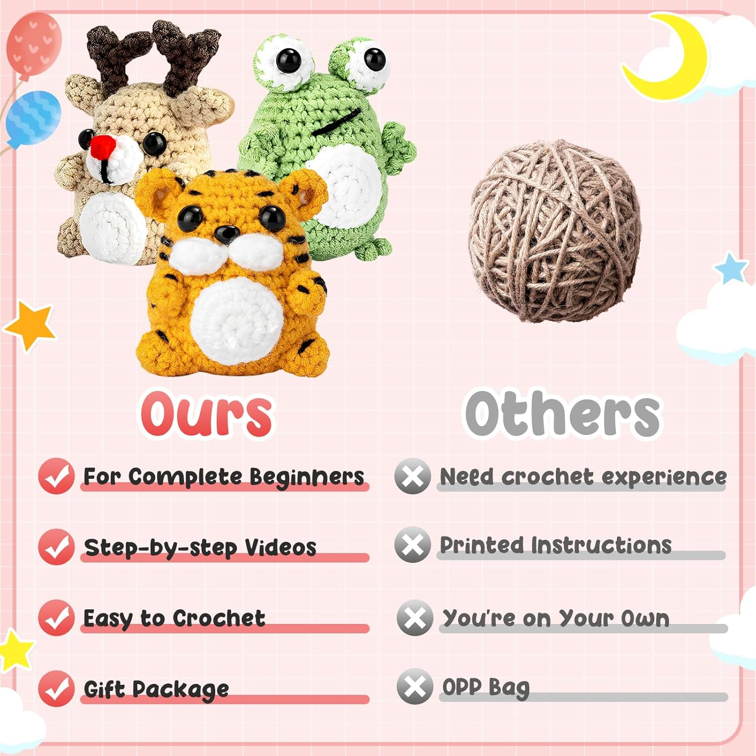 3Pcs Crochet Kit for Beginners,Ergonomic Adorable Animal Crochet Starter Pack with Yarn Stuffing and Keychain,Diy Crochet Craft Kit with Step-By-Step Instructions and Video Tutorials,Crochet Starter Pack for Adults (3Pcs) - 3Pcs image number 6
