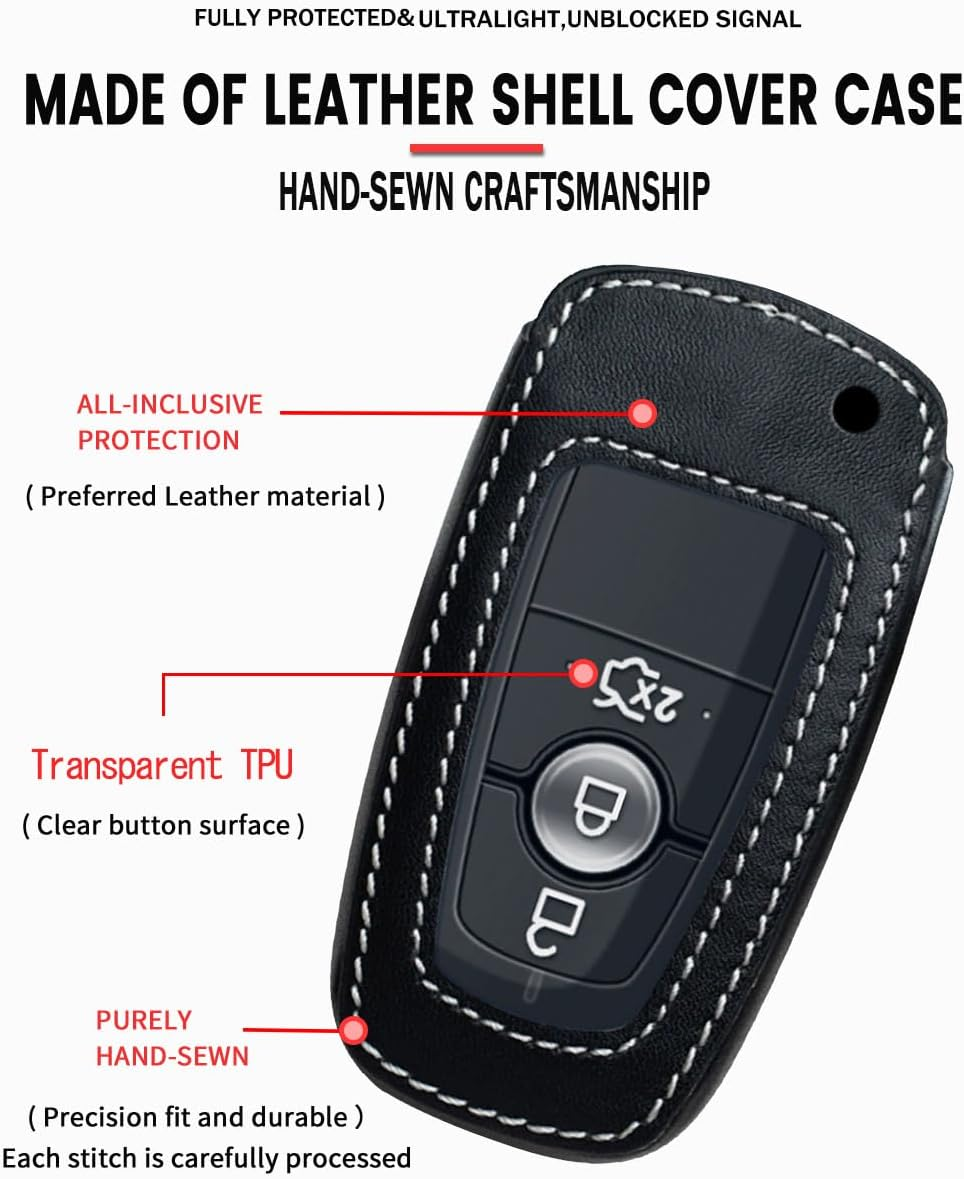 Ontto Leather Car Key Fob Cover Fit for Ford Ranger Everest Transit Custom Kuga Mustang Ecosport Key Case Holder Shell Key Chain Keyring Protector Accessories 3/4 Buttons - 1-Pink image number 4