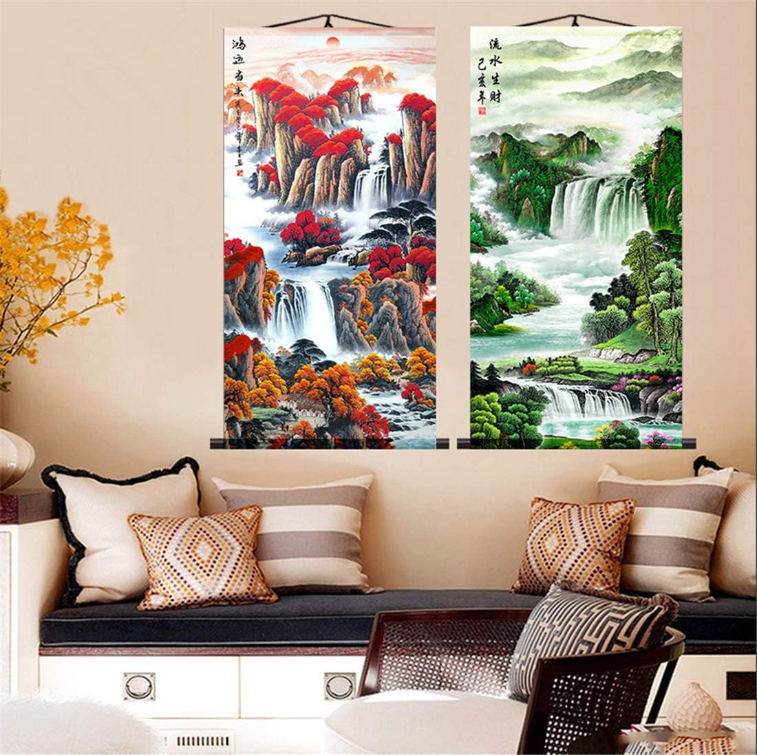 Zzooi Chinese Lucky Fengshui Painting Waterfall Golden Carps Wall Art Hanging Silk Painting Scroll,Feng Shui Decor - Golden image number 6