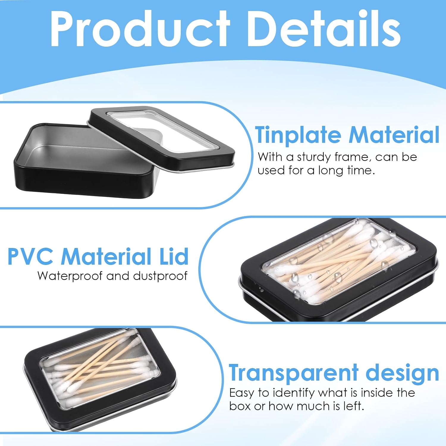 4Pcs Cotton Swab Holder for Travel, Portable Floss Picks Case with Dustproof Lid Refillable Floss Pick Dispenser Travel Flosses Picks Case with Dustproof Lid for Cotton Swabs Hair Ties (Black) - Silver image number 3