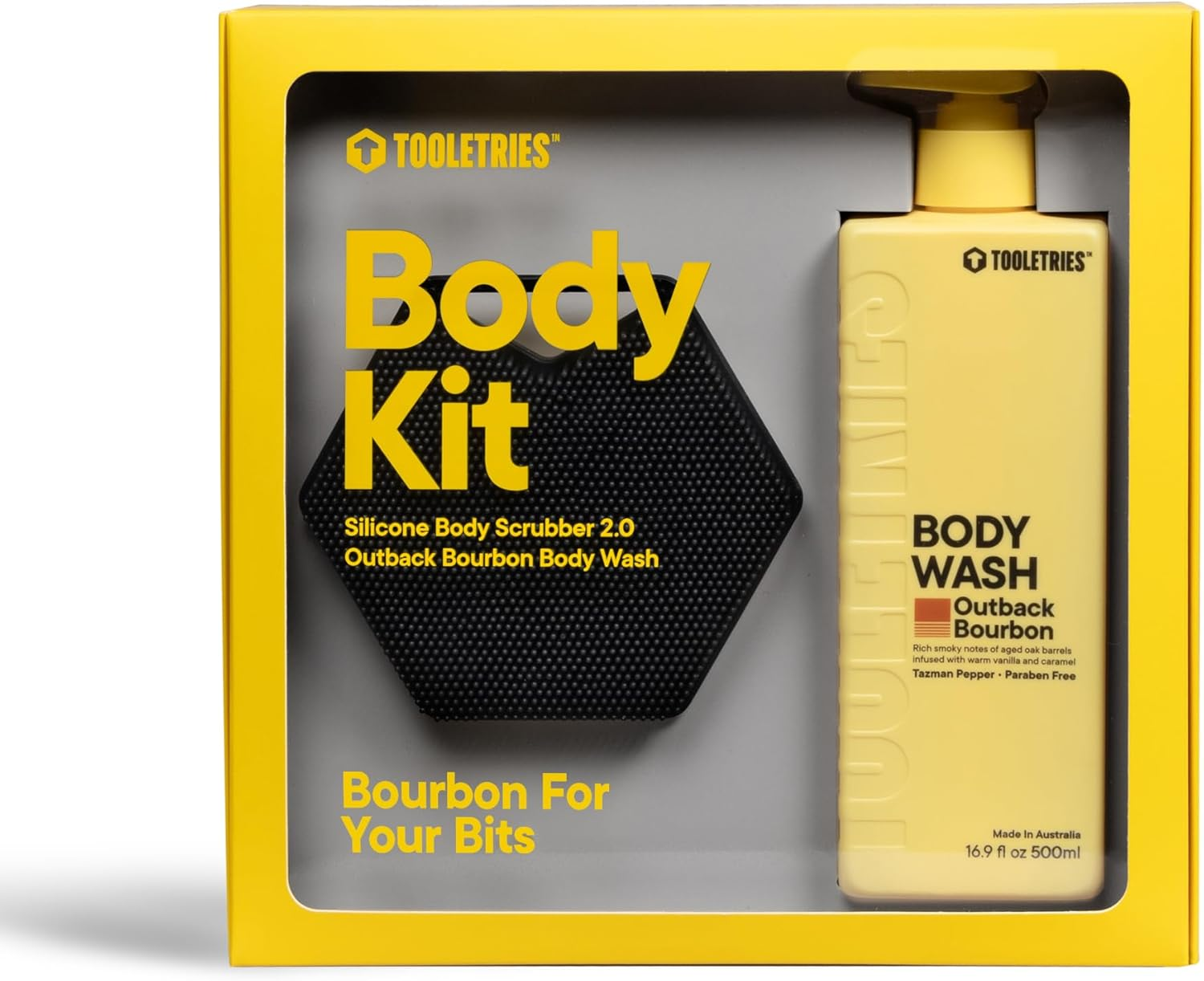 TOOLETRIES Men'S Body Kit - Silicone Shower Scrubber & Outback Bourbon Body Wash with Tazman Pepper, Deep Cleans & Exfoliates Skin, Superior Lather