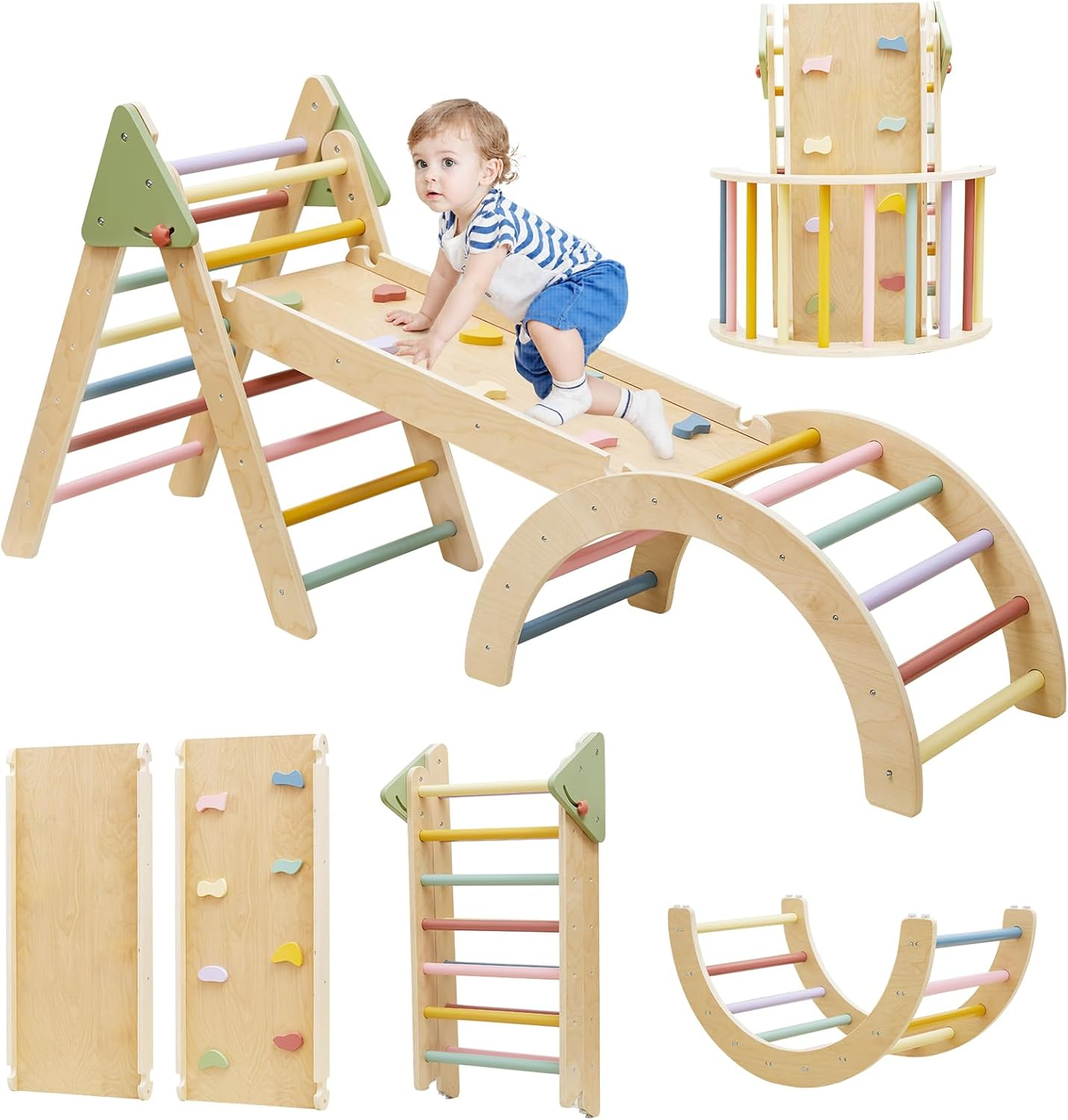 Pikler Triangle Set 7 in 1 Wooden Climbing Toys for Toddlers 1-3 inside Baby Climbing Gym Montessori Set Baby Jungle Gym Indoor Philosophy Climber with Arch & Ramp & Ladder Climber image number 5