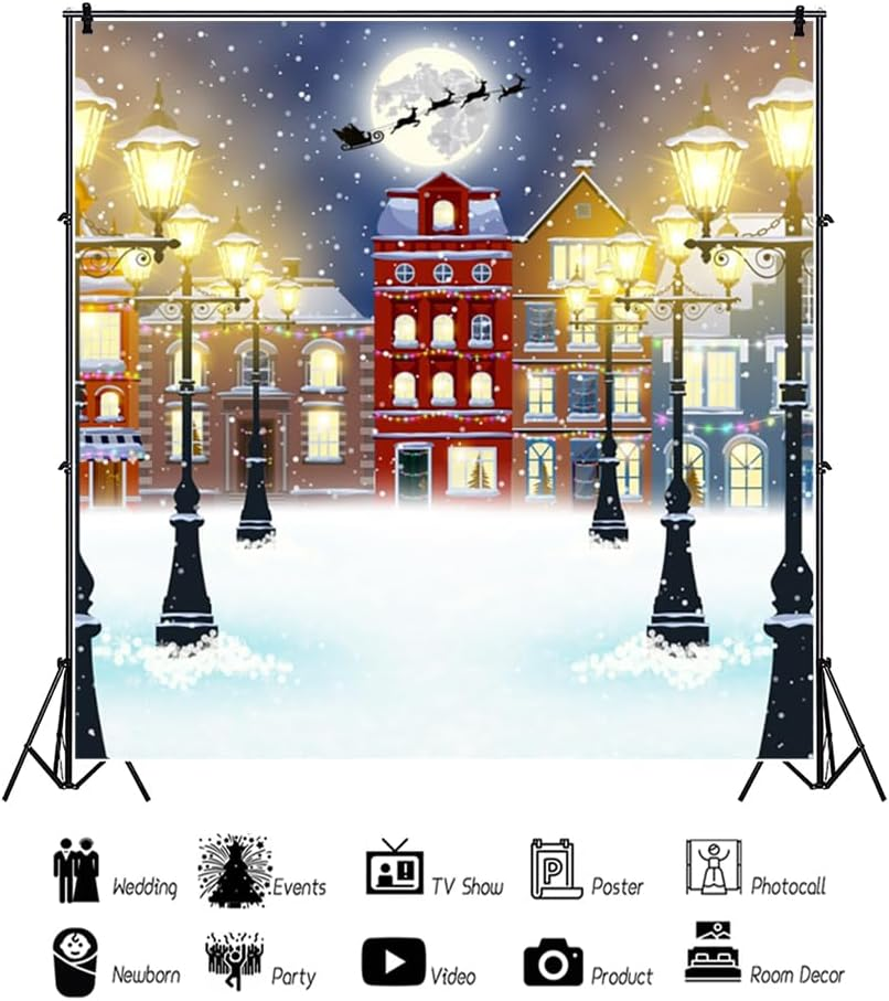 6 X 6 Ft Winter Night Cityscape Polyester Background Merry Christmas Bright Street Lights Backgrounds Western Building Snowy Full Moon Background Christmas Eve Party Banner image number 1