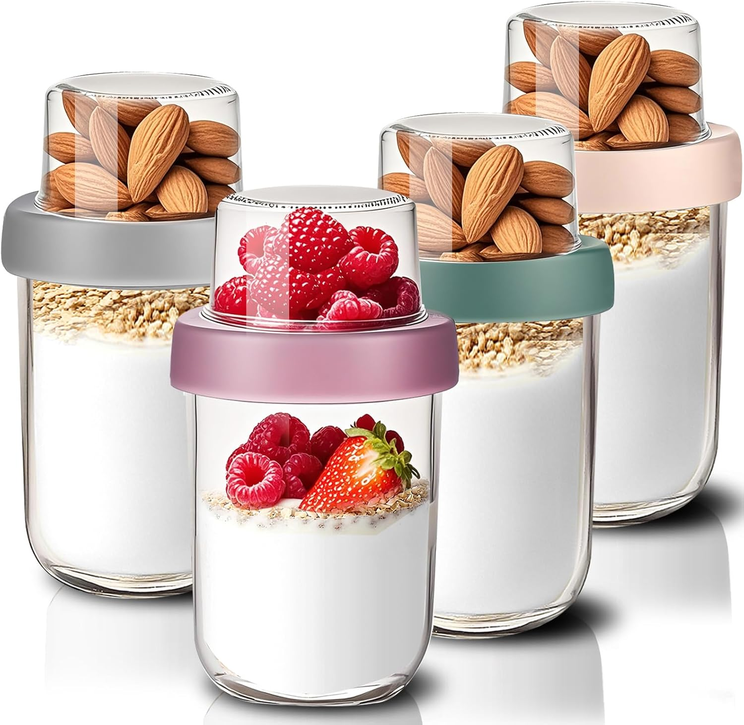 FYL Overnight Oats Container Jar, Dishwasher Safe Dual-Laryer Thickened Glass Meal Prep Containers with Lid Leakproof Jar for Breakfast Chia Pudding Salad Cereal Yogurt 4 Pack