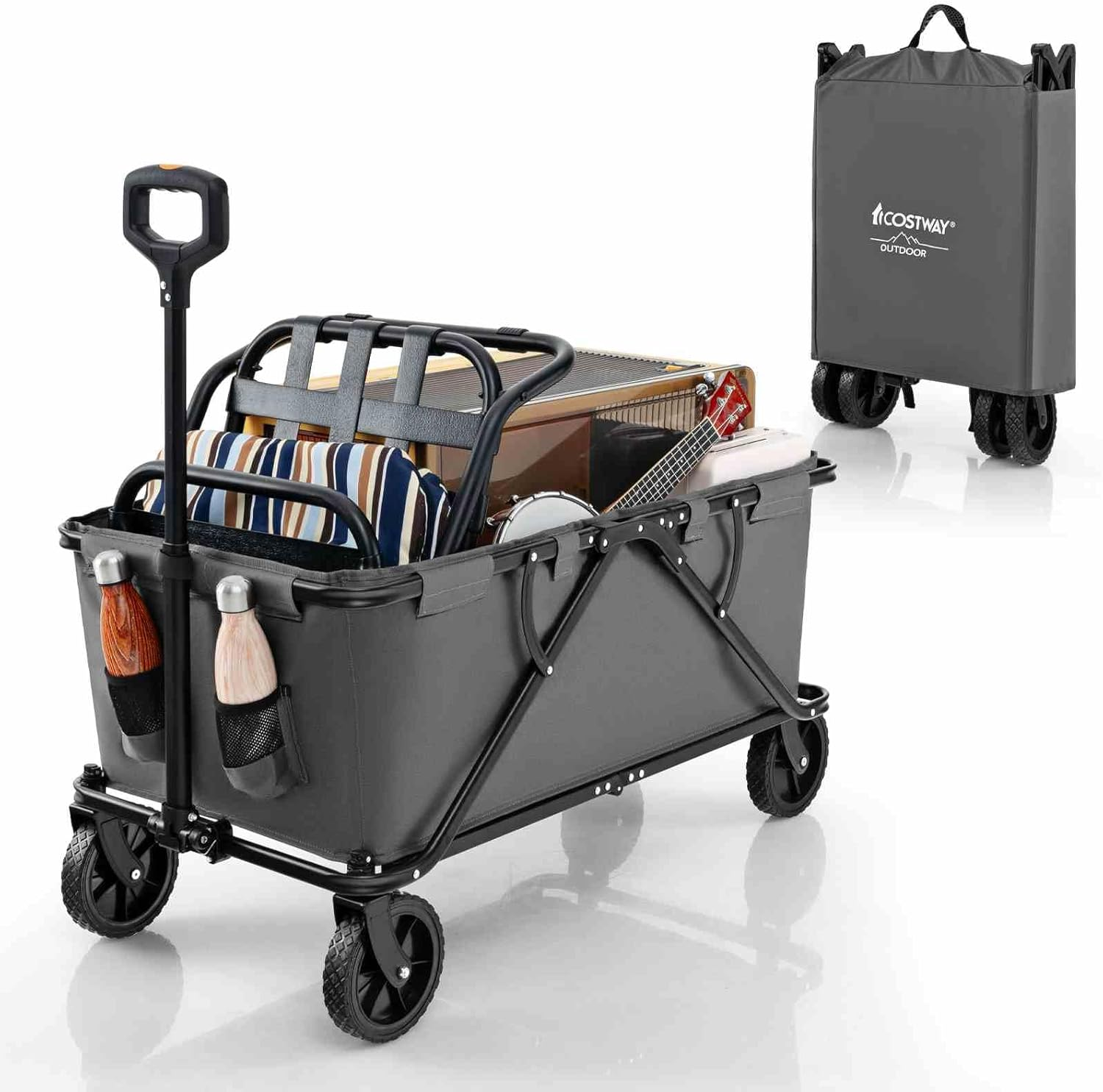 Costway Heavy-Duty Wagon Cart, Collapsible Folding Wagon W/Adjustable Handlebar, Bottle Holders & Storage Pocket, Patio Folding Utility Cart for Camping, Beach, Garden, Sports (Coffee)