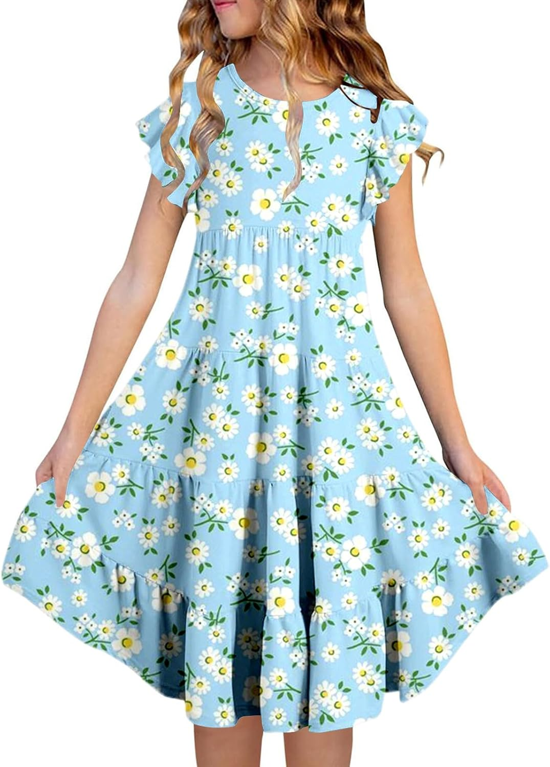 Summer Dresses Girls Casual Dresses Beach Dress Teenager Knee-Length Girls Dresses Casual Midi Dress Short Sleeve Party Dress Princess Dress Children'S Dress 6-15 Years