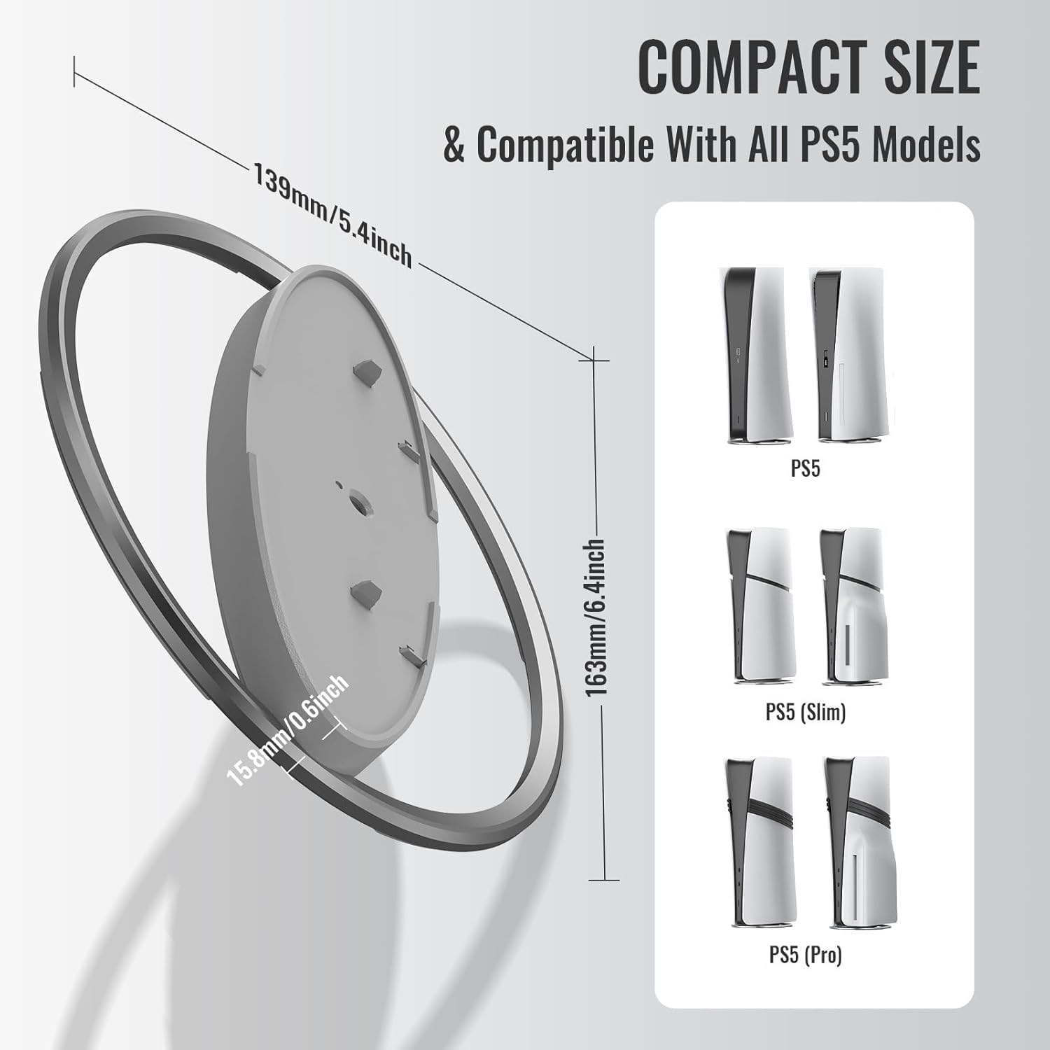 ZONEY Vertical Stand for PS5 PRO/PS5 Slim/For PS5 Consoles, Universal Upright round Dock Base Desktop Bracket Holder Accessories for All P5 Console Disc and Digital Editions (Grey) image number 5