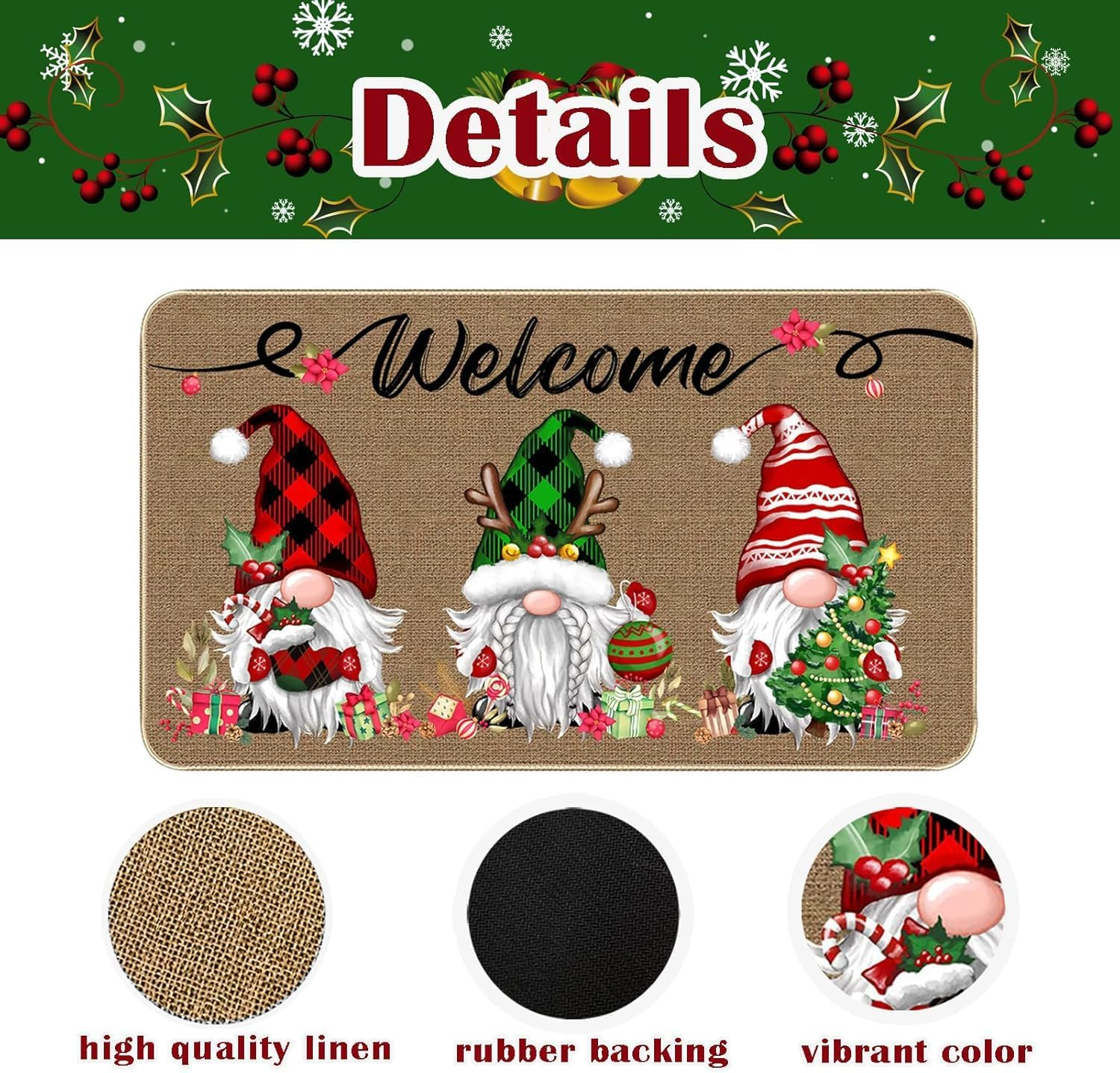 Christmas Welcome Decorative Doormat, Christmas Gnome Buffalo Plaid Door Mat, Non-Slip Carpet Rugs Floor Mat Decorative for Home/Bathroom/Kitchen/Indoor - 90 X 60Cm image number 2