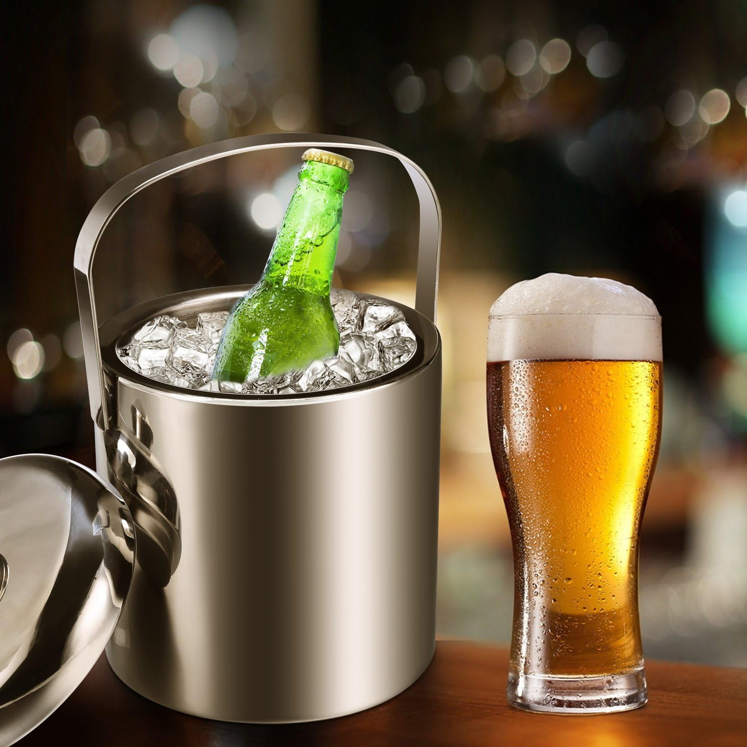 Sailnovo Ice Bucket Ice Bucket Champagne Cooler Ice Cube Container with Tongs and Lid Stainless Steel image number 3
