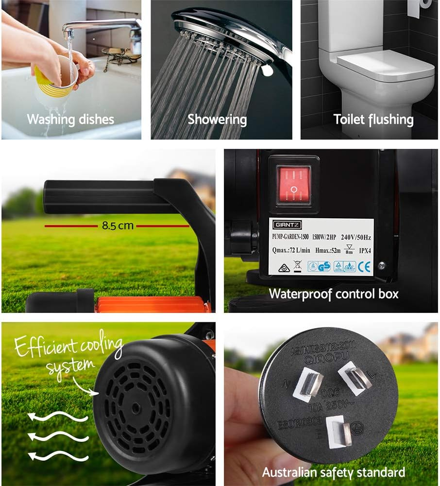 Giantz Water Pump, 2500W Electric High Pressure Garden Pumps Controller Irrigation for Pool Pond Tank Home Farm, Portable Automatic Switch Anti-Rust Stainless Steel Body Yellow Black image number 2