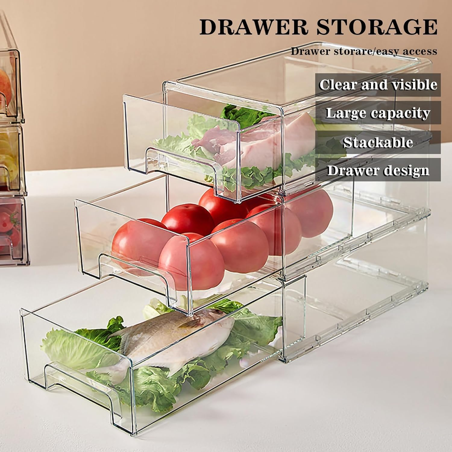 Stackable Storage Drawer, XICEN Clear Pull Out Plastic Food Fridge Organizer Bins for Home Office Pantry Shelf Organization (2 Pack) image number 1