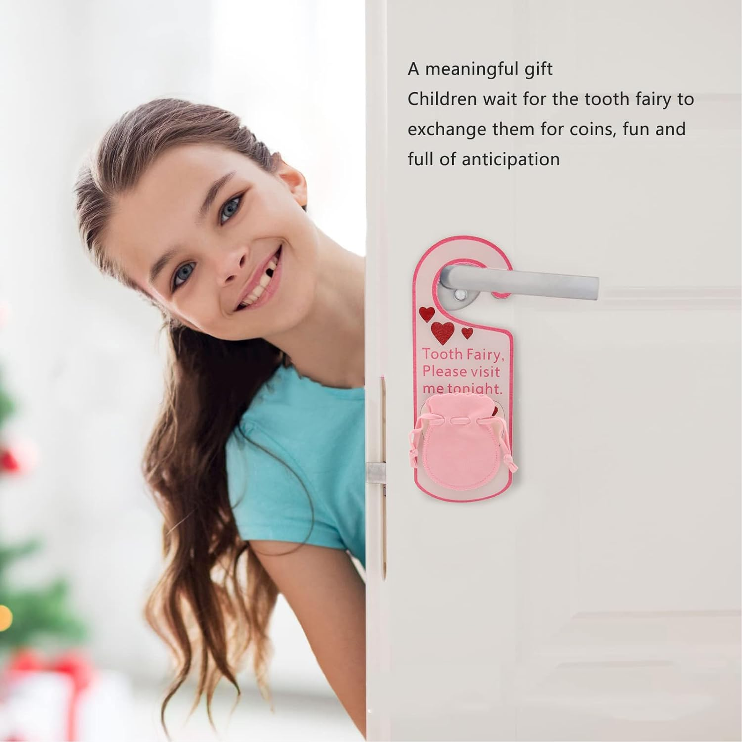 Tooth Fairy Door Hanger Bag, Tooth Fairy under Pillow Pouch for Lost Teeth Kids Boys Girl Milk Teeth Encourage Gift, Acrylic Tooth Fairy Door Hanger Bag Money Holder image number 4