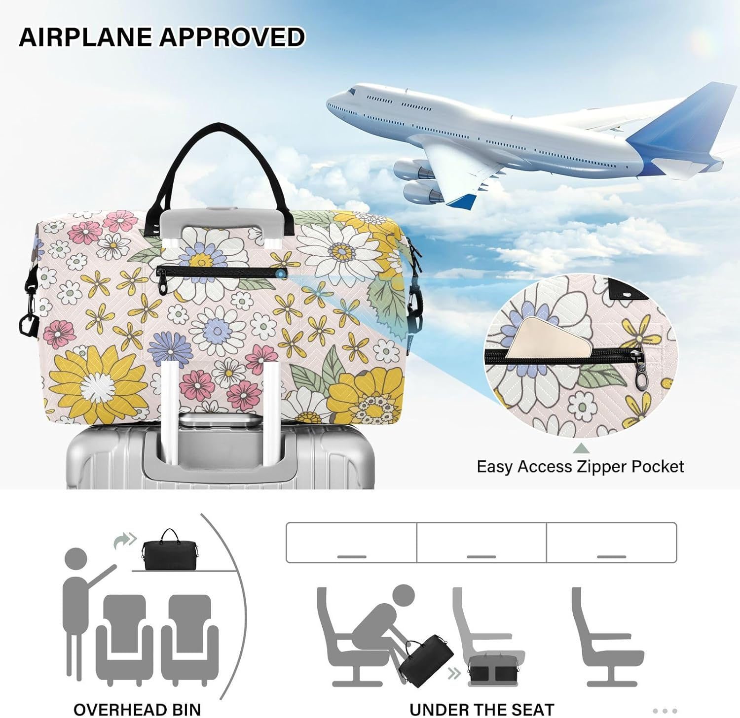 Travel Tote Bag Travel Weekender Gear Bag Floral Vintage Scandinavian Gym Bag with Adjustable Strap for Trekking, Floral Vintage Scandinavian, Set of 2, Art Deco