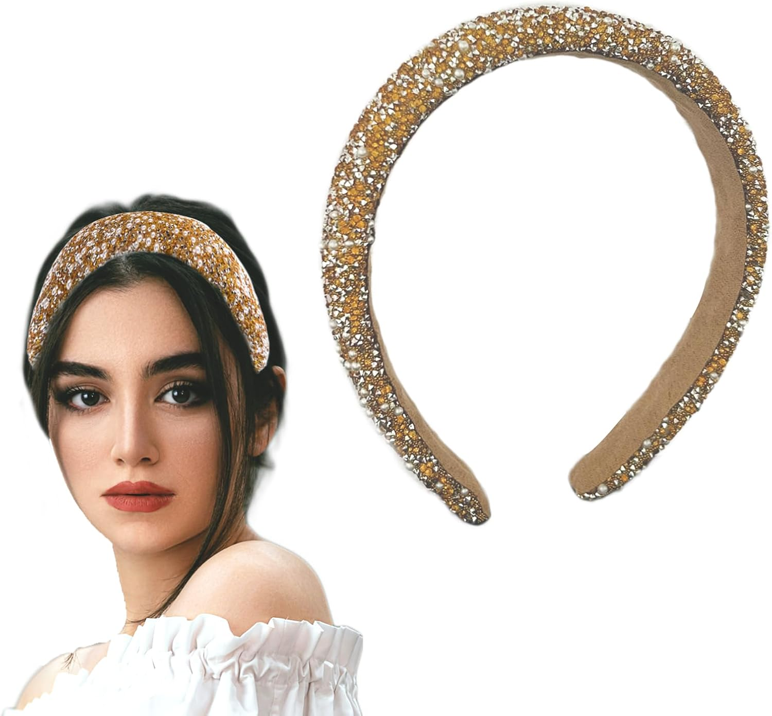 AWOCAN Rhinestone Headbands for Women Diamond Bling Rhinestone Wide Hairband Sparkle Beaded Crystal Headband Thick Padded Headband for Party Non Slip Glitter Hair Hoop (Black, L)