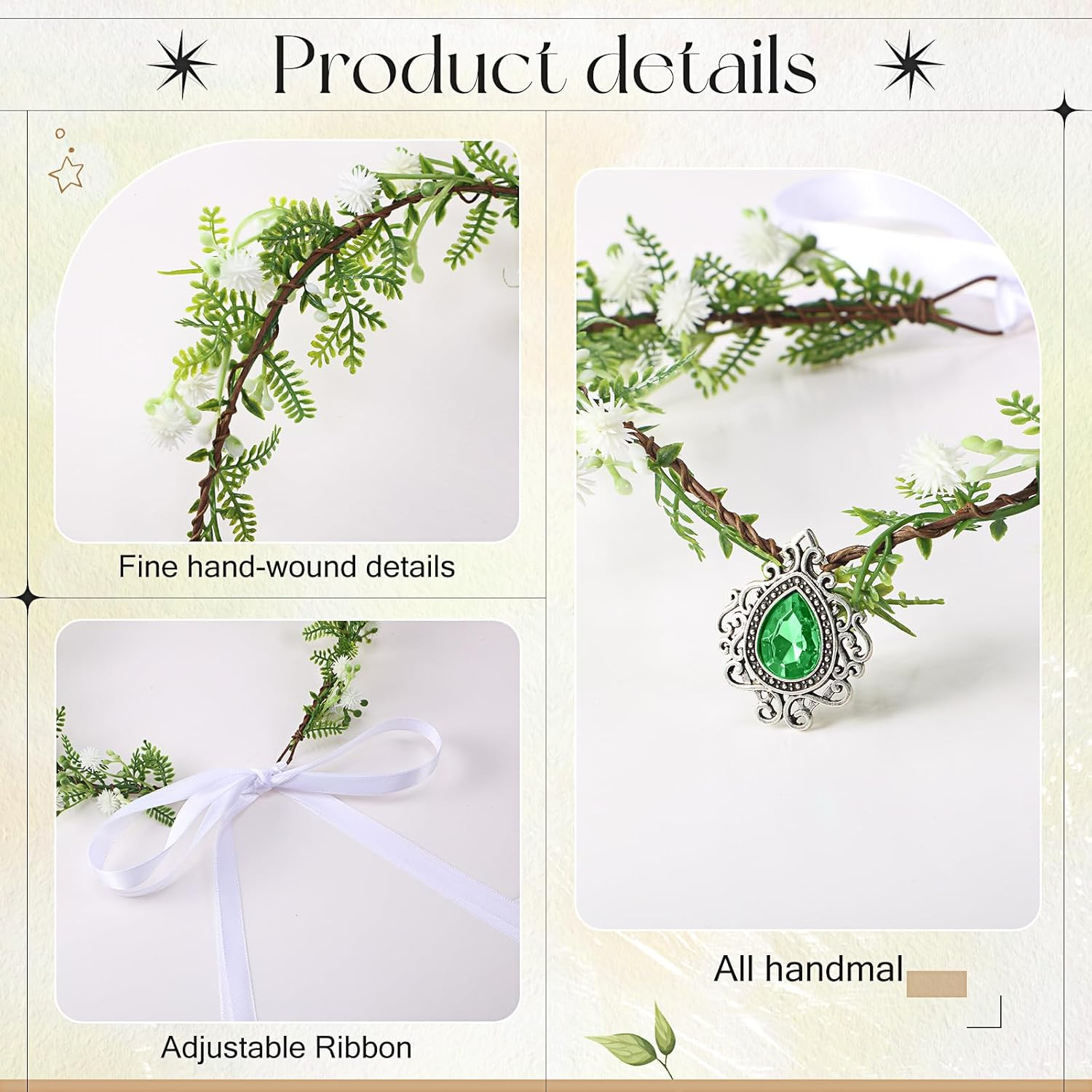 Zeyune Halloween Elves Cosplay Set Fairy Flower Crown Headpiece Elf Ears Cuffs Renaissance Costume Leaf Elves Wings Ear Cuff image number 5