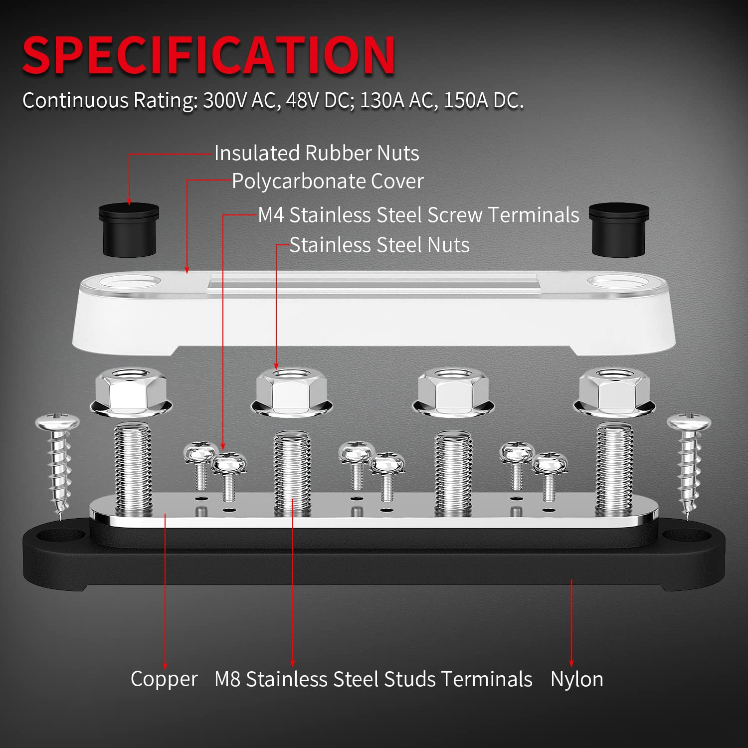 Daiertek Negative Bus Bar 12V Marine 4 X 5/16" (M8) Terminal Studs 6 X M4 (#8) Terminal Screws Gound Bus Bar Black Negative Power Distribution Block for Automotive Boat Solar System
