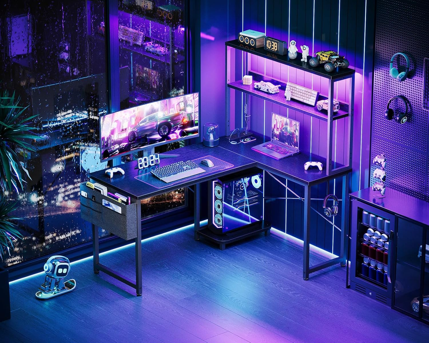 ODK L Shaped Gaming Desk with LED Lights & Power Outlet,Reversible Computer Desk with Adjustable Shelves, Corner Desk with Storage Bag & Headphone Hook for Home Office,Gaming,115 * 80 * 75.6Cm,Black image number 4