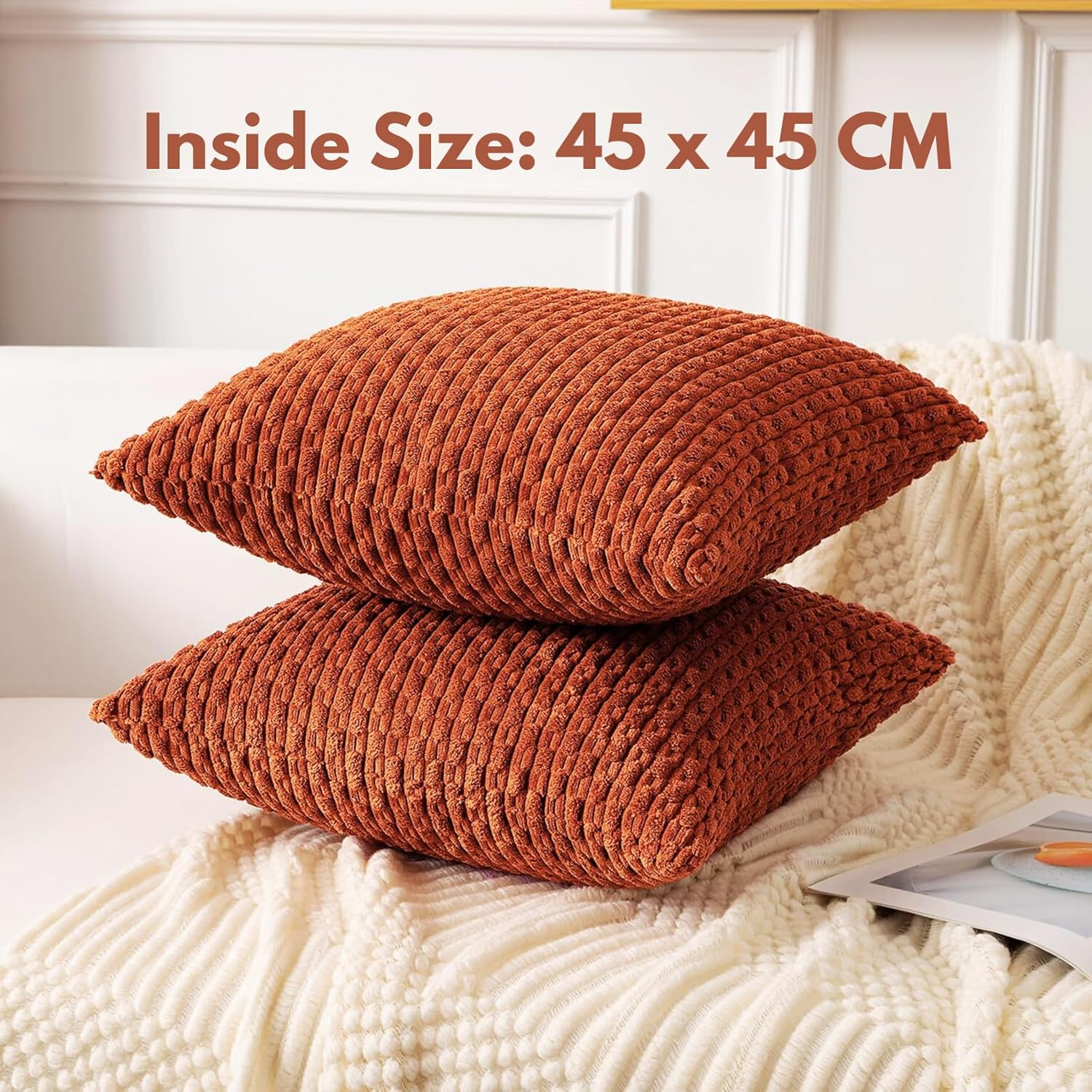 2 Packs Throw Pillow Covers Corduroy, Decorative Lumbar Pillow Covers, JOMWEN Super Soft Boho Striped Cushion Covers for Couch Bed Sofa Livingroom (Rust, 45 X 45 Cm) image number 3