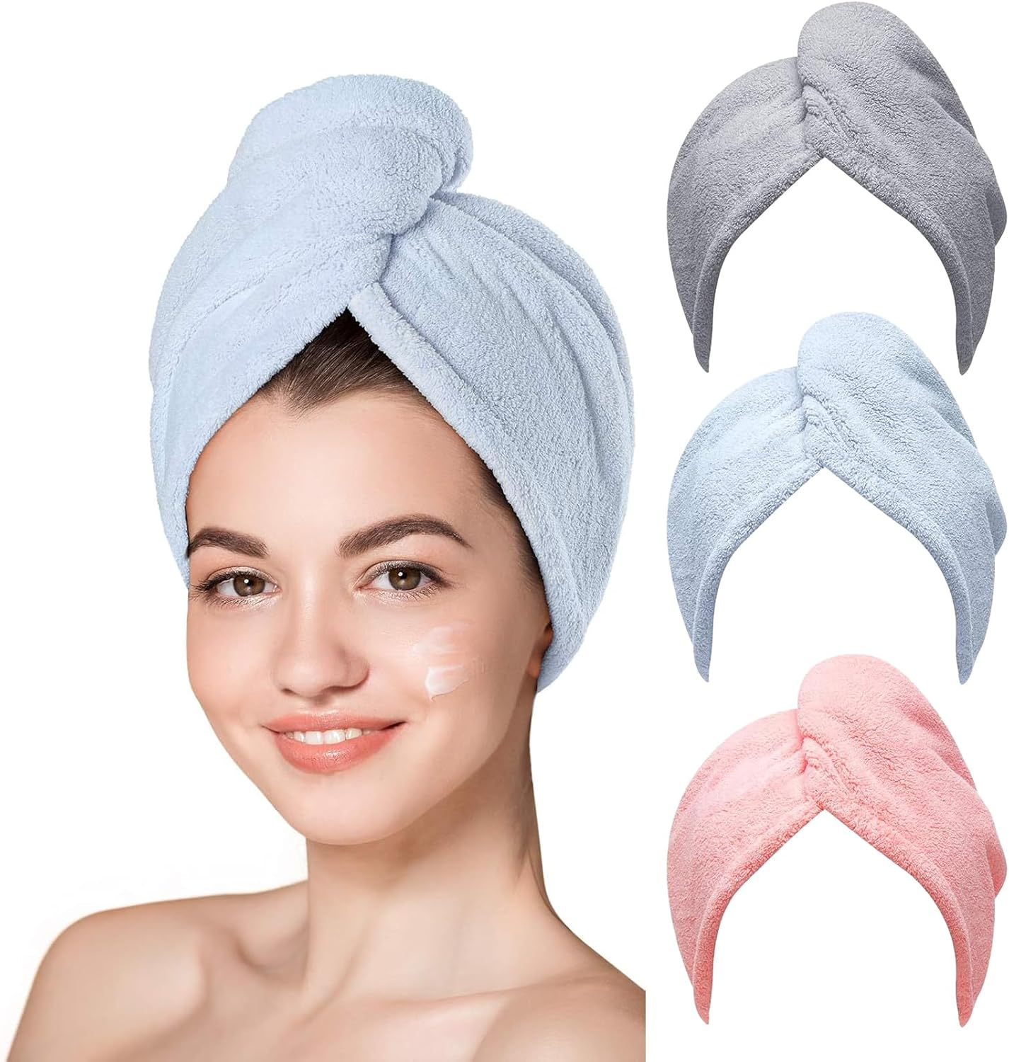 Microfiber Hair Towel, Turban 3 Pcs Hair Turbans for Wet Hair,Hair Drying Towel with Button,Head Towel to Dry Hair Quickly Drying Hair Wrap Towels for Girls with All Hairstyles (Blue,Grey,Pink) image number 3