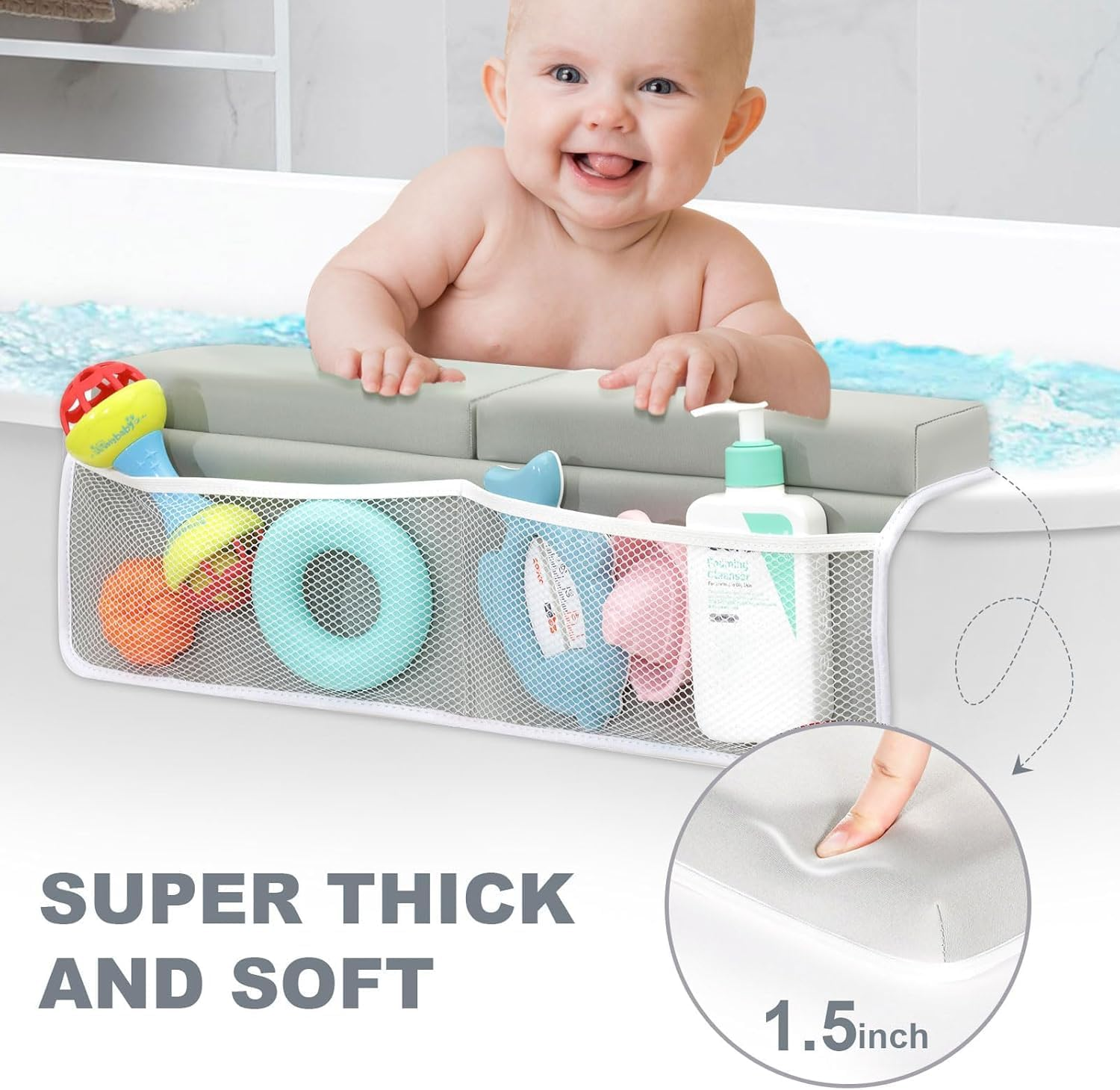 Bath Kneeler and Elbow Rest Pad Set - Comfortable Thick Baby Bath Kneeler Pads, Quick Dry Soft Kneeling Pad for Baby Bath Time, Non-Slip Knee& Arm Support Bathtub Mat with Toys Organizer image number 1
