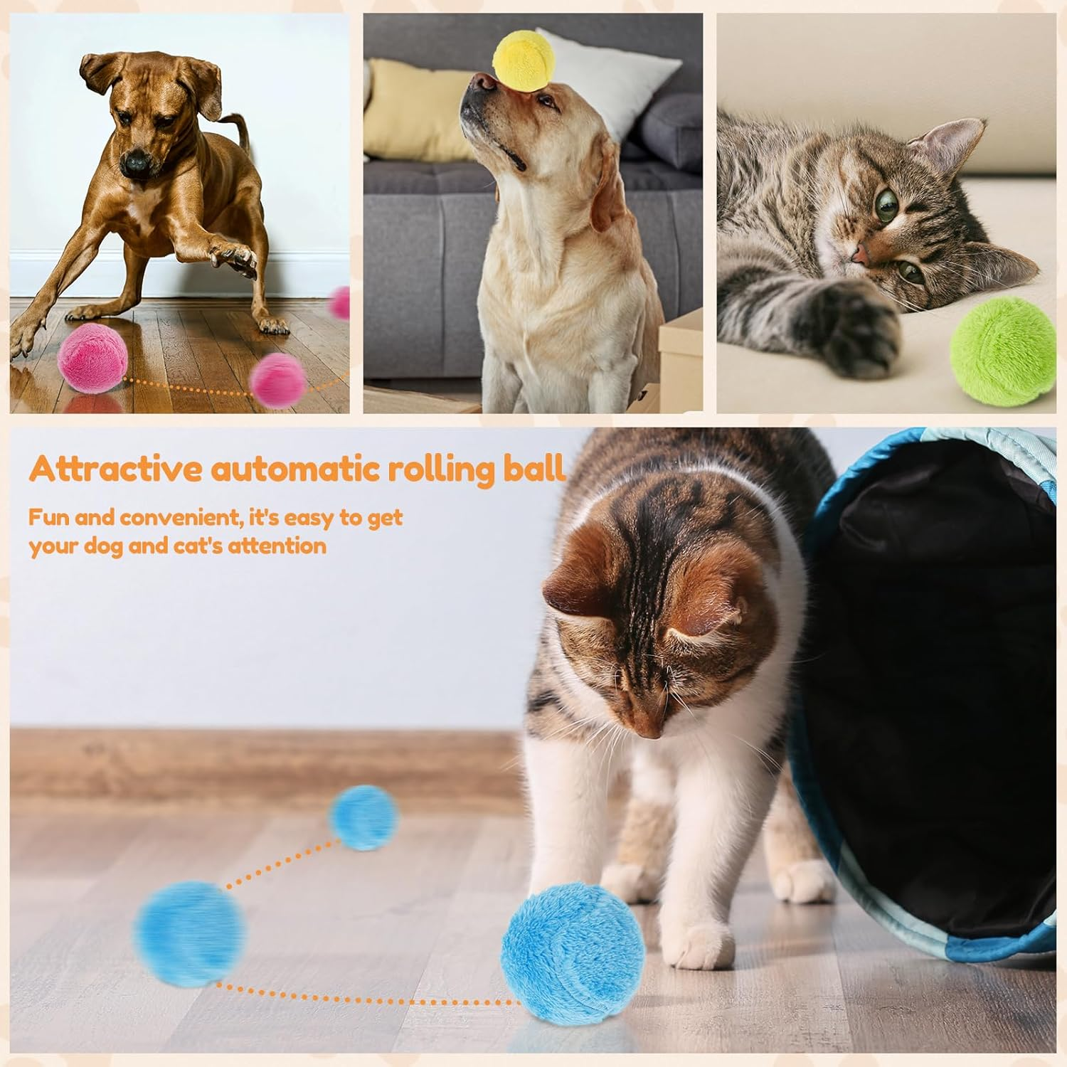 Magic Rolling Ball Fun Interactive Pet Toy Ball with 4 Colorful Plush Covers Automatic Self Rolling Ball Dog Toy Dog Moving Ball Toy Attractive Pet Toy Rolling Ball Portable Dog Ball for Dogs Cats image number 3