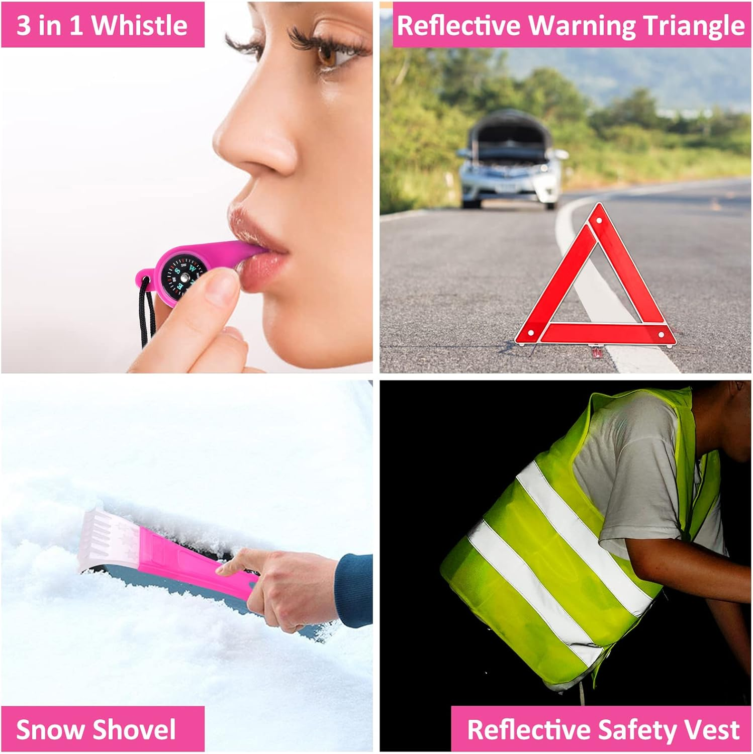 HLWDFLZ Car Roadside Emergency Kit - Pink Assistance with Jumper Cables, Auto Repair Tool Set, Deer Whistles, Winter Safety Assist for Teen Girl and Ladies image number 1