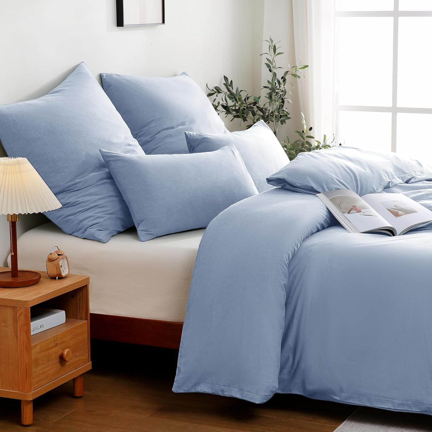 Atsense Bed Linen 135 X 200 Cm Cotton 4-Piece Bedding Sets Sky Blue &Ouml;kotex Certified with Linen-Like Handle, Breathable, 2 Duvet Covers and 2 Pillowcases 80 X 80 Cm image number 3