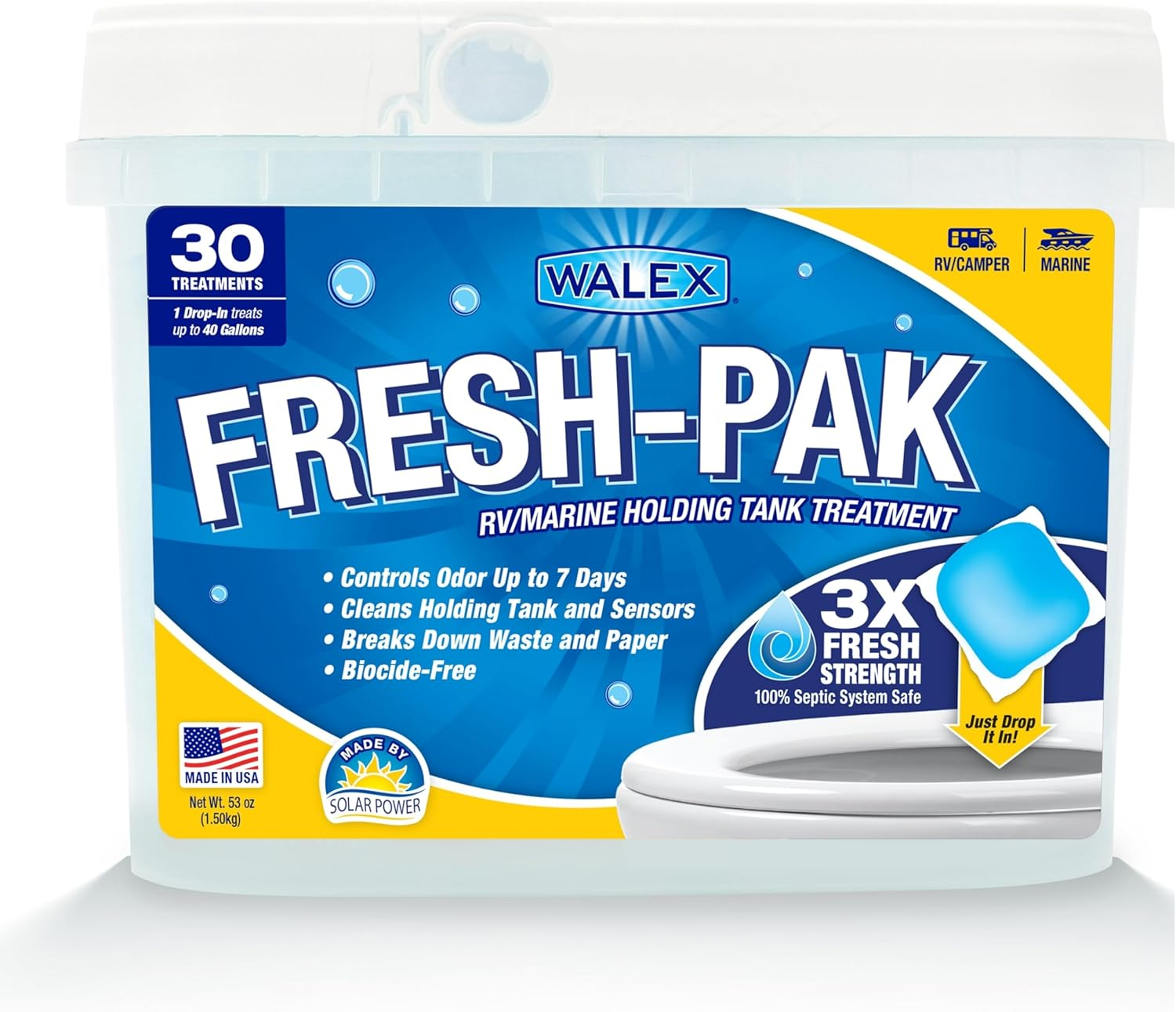 Walex Fresh-Pak Marine, Camper, & RV Black Water Holding Tank Deodorizer for Rapid Breakdown of Waste & Toilet Paper to Prevent Clogs, Neutralizes Odors, Septic Tank Safe, Fresh Scent (Pack of 30) image number 4