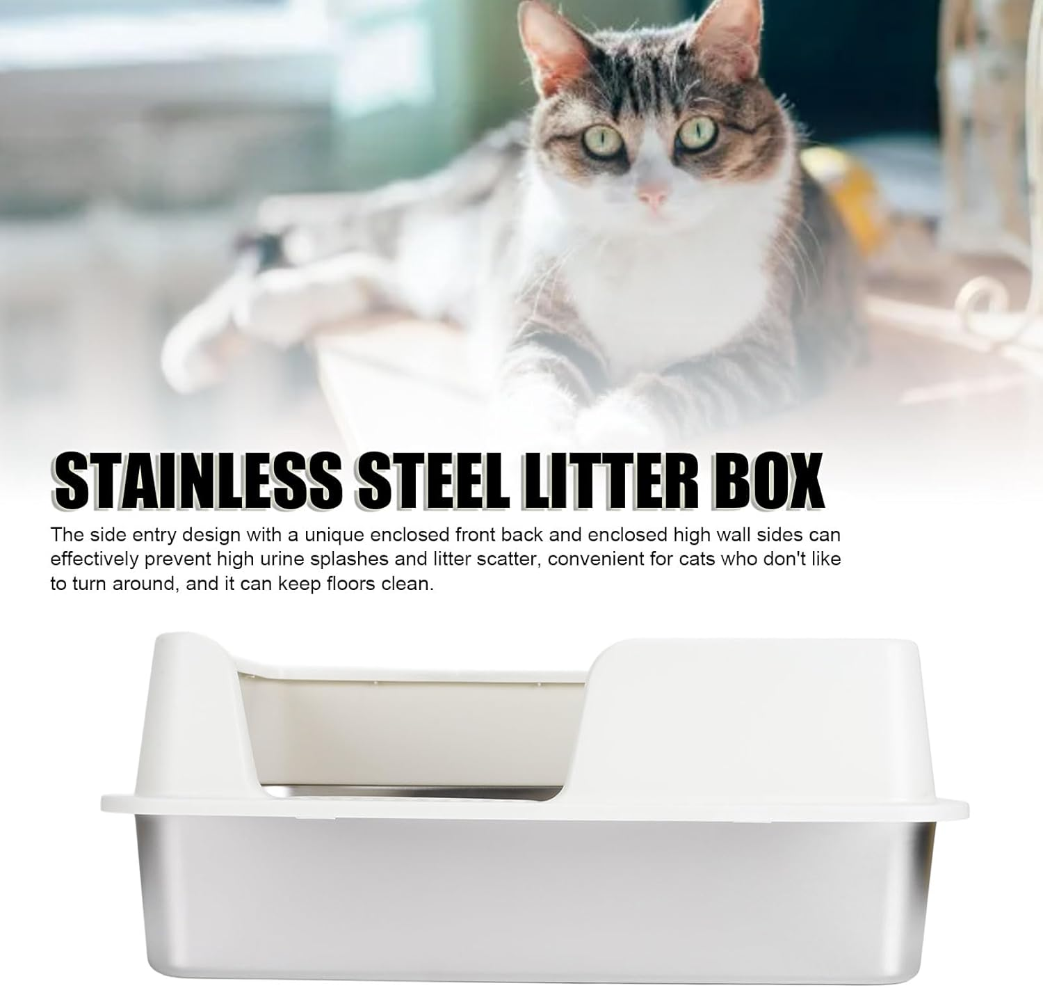 Stainless Steel Cat Litter Boxes, Side Entry High Sides anti Splashing Enclosed Cat Litter Box, Extra Large Metal Litter Pan with Scoop, Easy to Clean, for Small Medium Cats image number 6