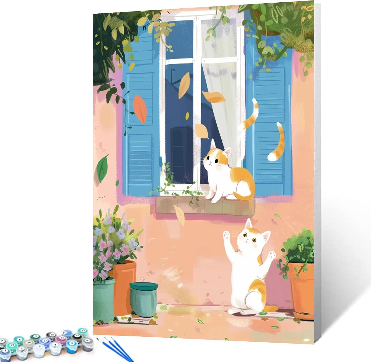 Two White Cats Painting Cute Animal Pet Paint by Number Kits 16 X 20 Inch Blue Window ,Flowers Digital Canvas DIY Oil Acrylic Painting for Kids Adults Beginner with Brushes Nordics Gift(Diy Frame) image number 1