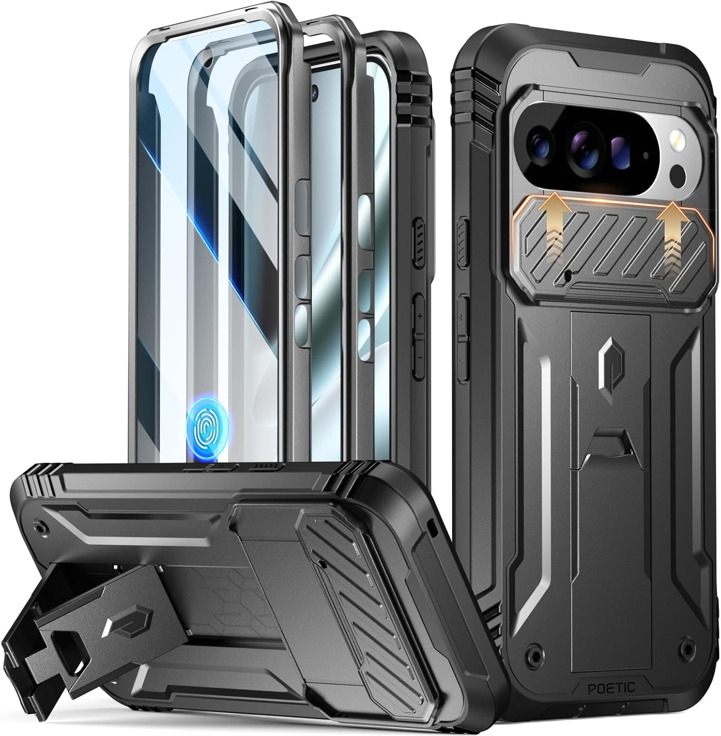 Poetic Revolution Case for Google Pixel 10 Pro XL 5G, [Slide Camera Cover], Built-In Screen Protector [Work with Fingerprint ID], [2 Front Frame] Full Body Rugged Shockproof Case with Kickstand, Black