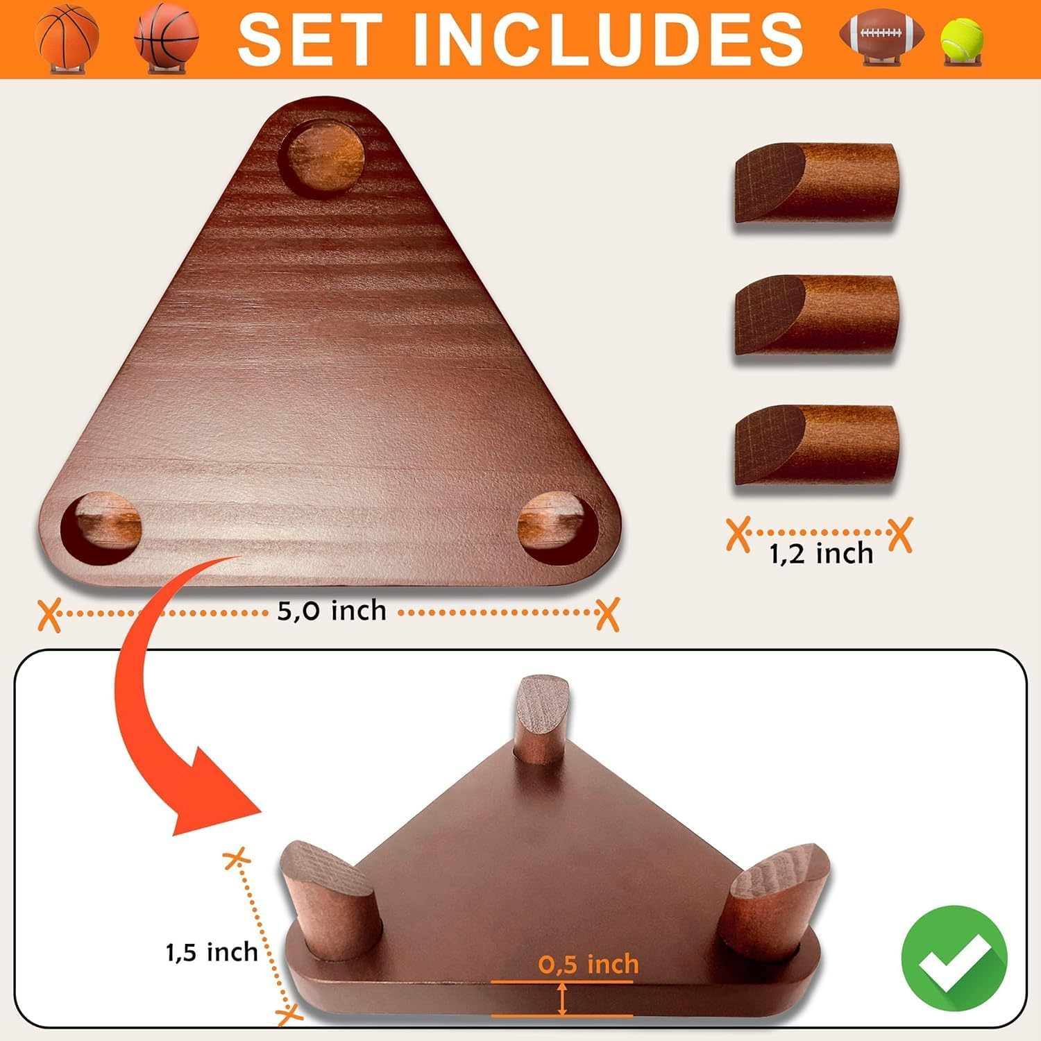 Wall Mount Ball Display Holder, Rustic Brown Wood and Metal, Sports Storage Rack image number 1