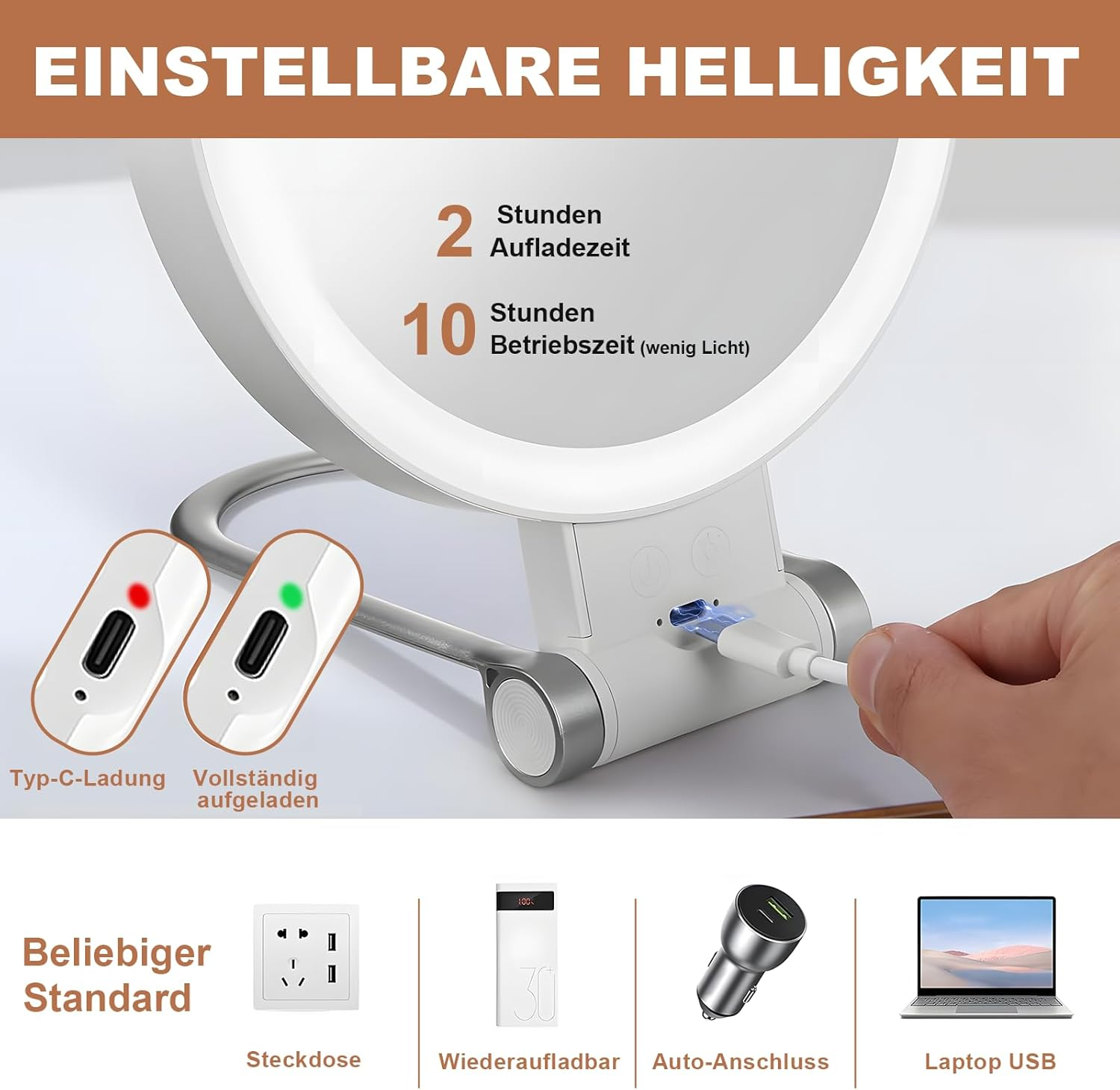 Moorstdel Cosmetic Mirror with Lighting, 1X/10X Magnifying Mirror with Light, Double Sided with 3 Colours, Magnifying Mirror, Dimmable LED, Foldable Cosmetic Mirror, White image number 1