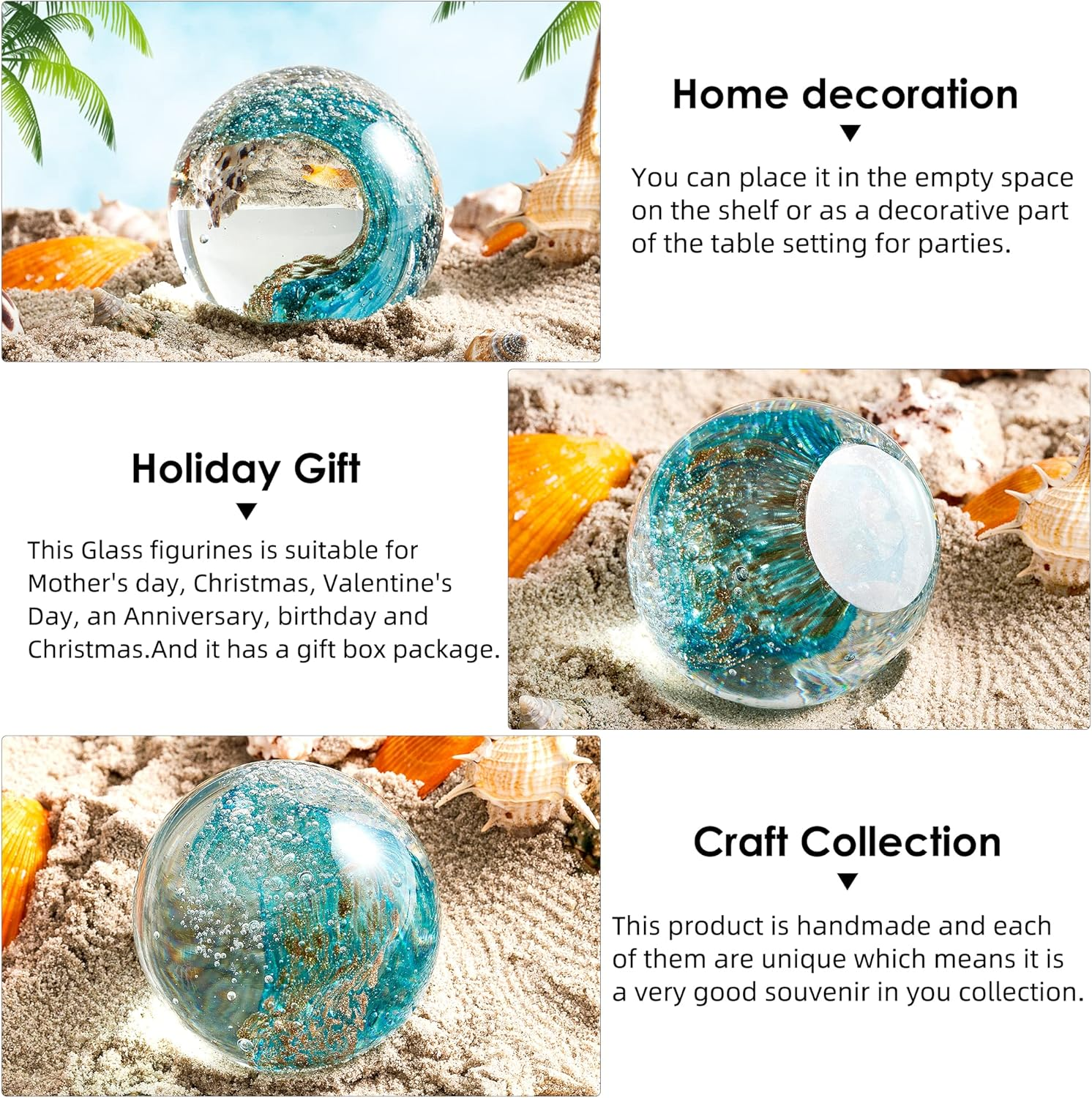 EUSTUMA Hand Blown Glass Figurines Ball Ocean Waves,Office Paperweight Glass for Desk,Home Decor Collectible,Aquarium Decor,Office Decor Ocean Lovers (Waves) - Wave Paperweight image number 6