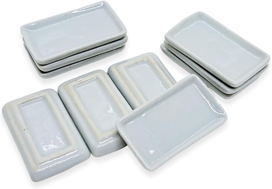 Changthai Design Very Tiny 1&frac14;" Long White Rectangle Ceramic Serving Tray 10 Pieces Set - Miniature Tableware Plate Crockery Cutlery Kitchenware Handmade Mini Porcelain Decorative Collectible Gifts image number 1
